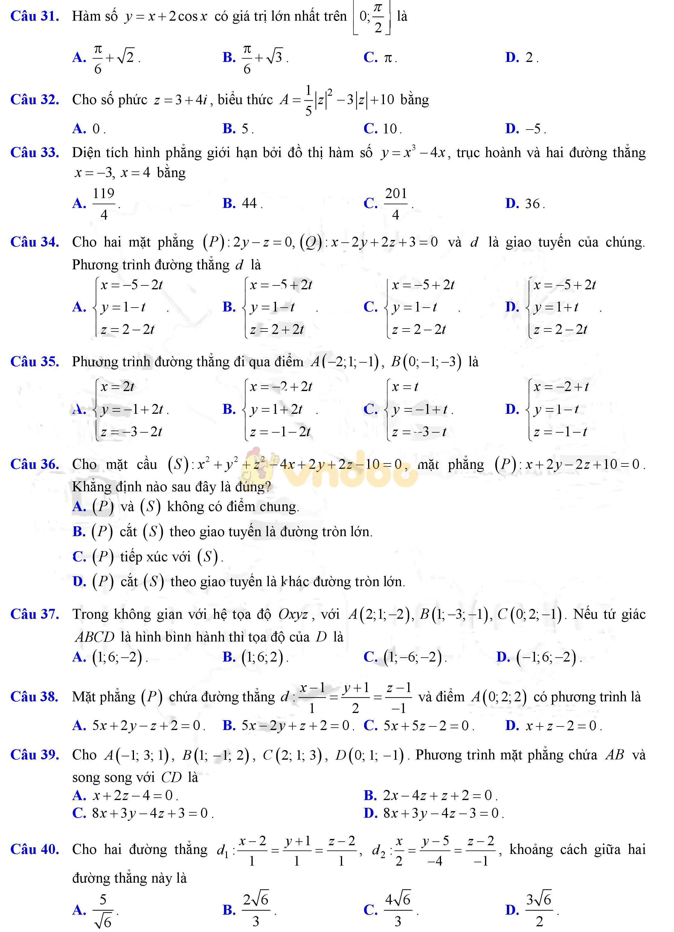 Đề thi học kì 2 môn Toán lớp 12 Đề thi học kì 2 môn Toán lớp 12