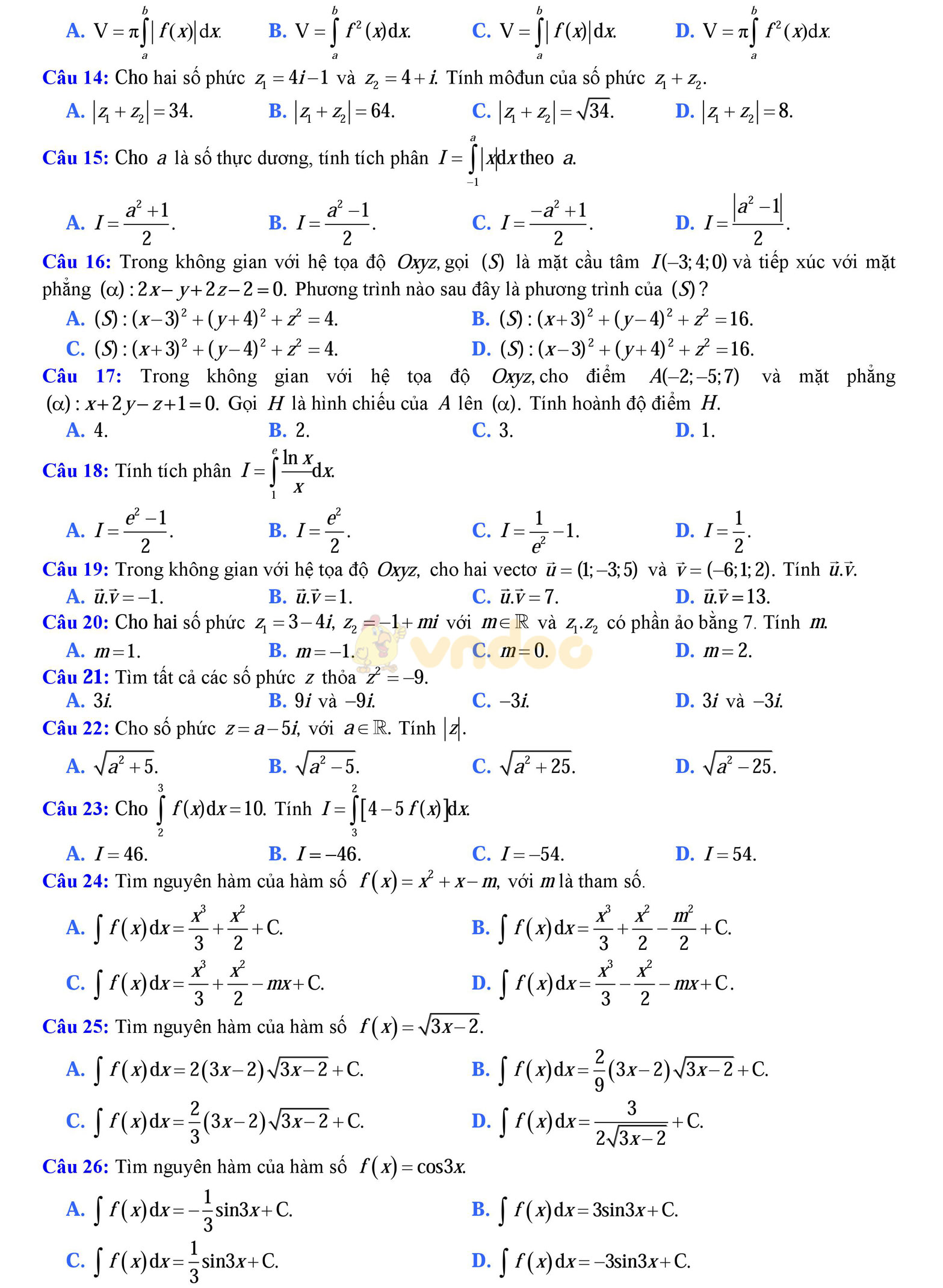 Bộ đề thi học kì 2 môn Toán lớp 12