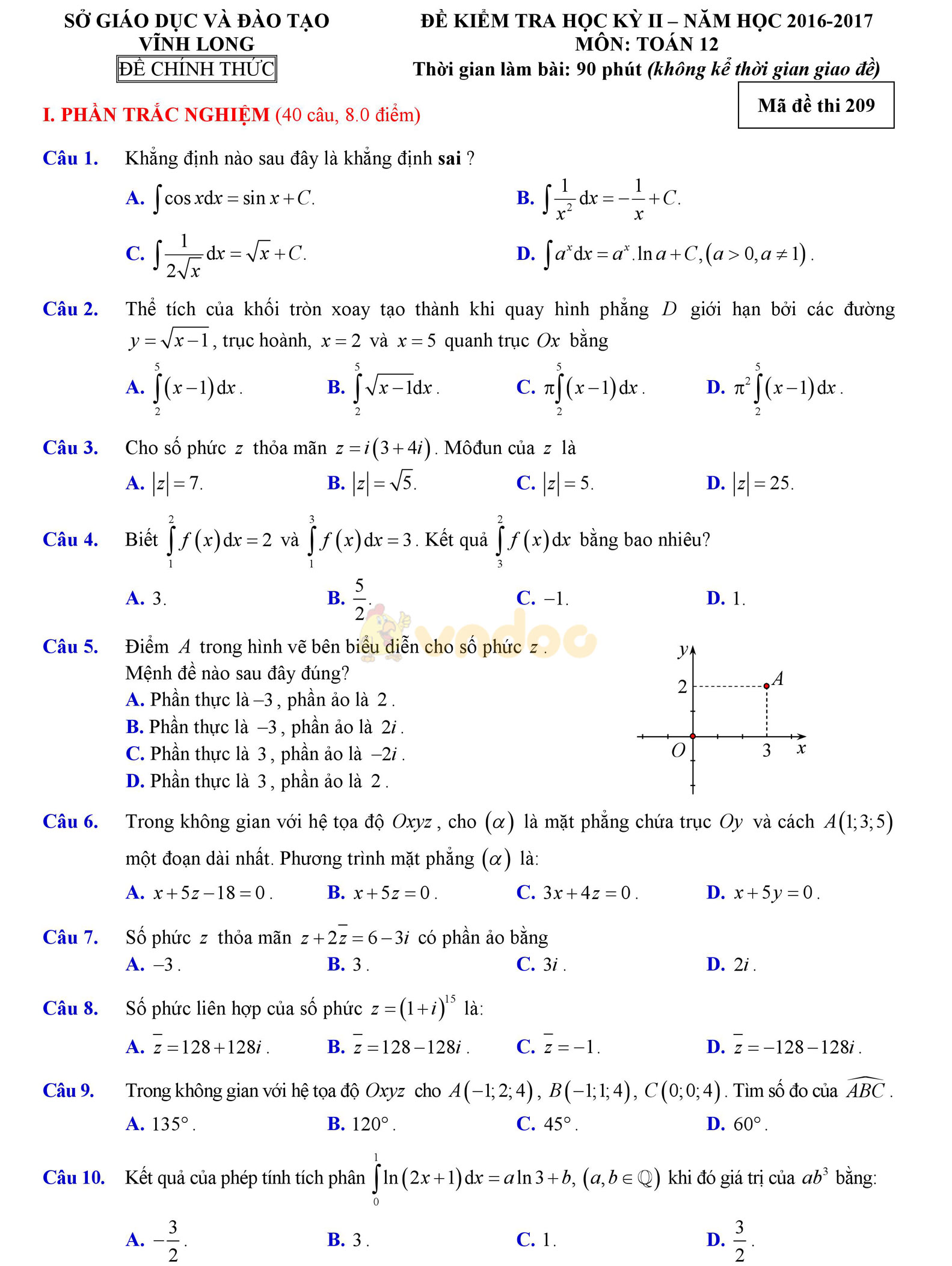 Đề thi học kì 2 môn Toán lớp 12