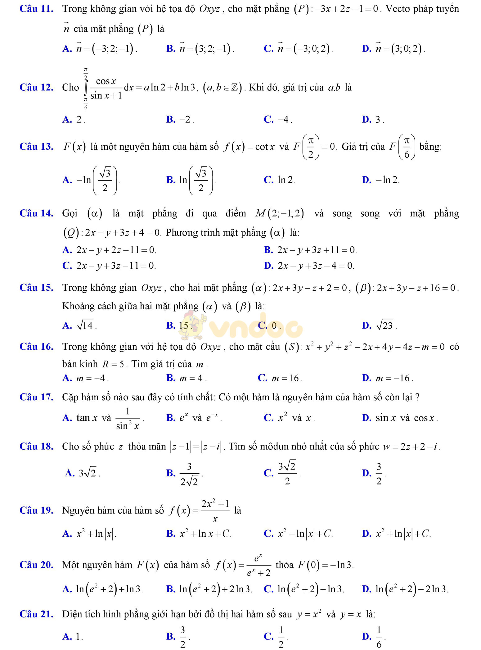 Đề thi học kì 2 môn Toán lớp 12