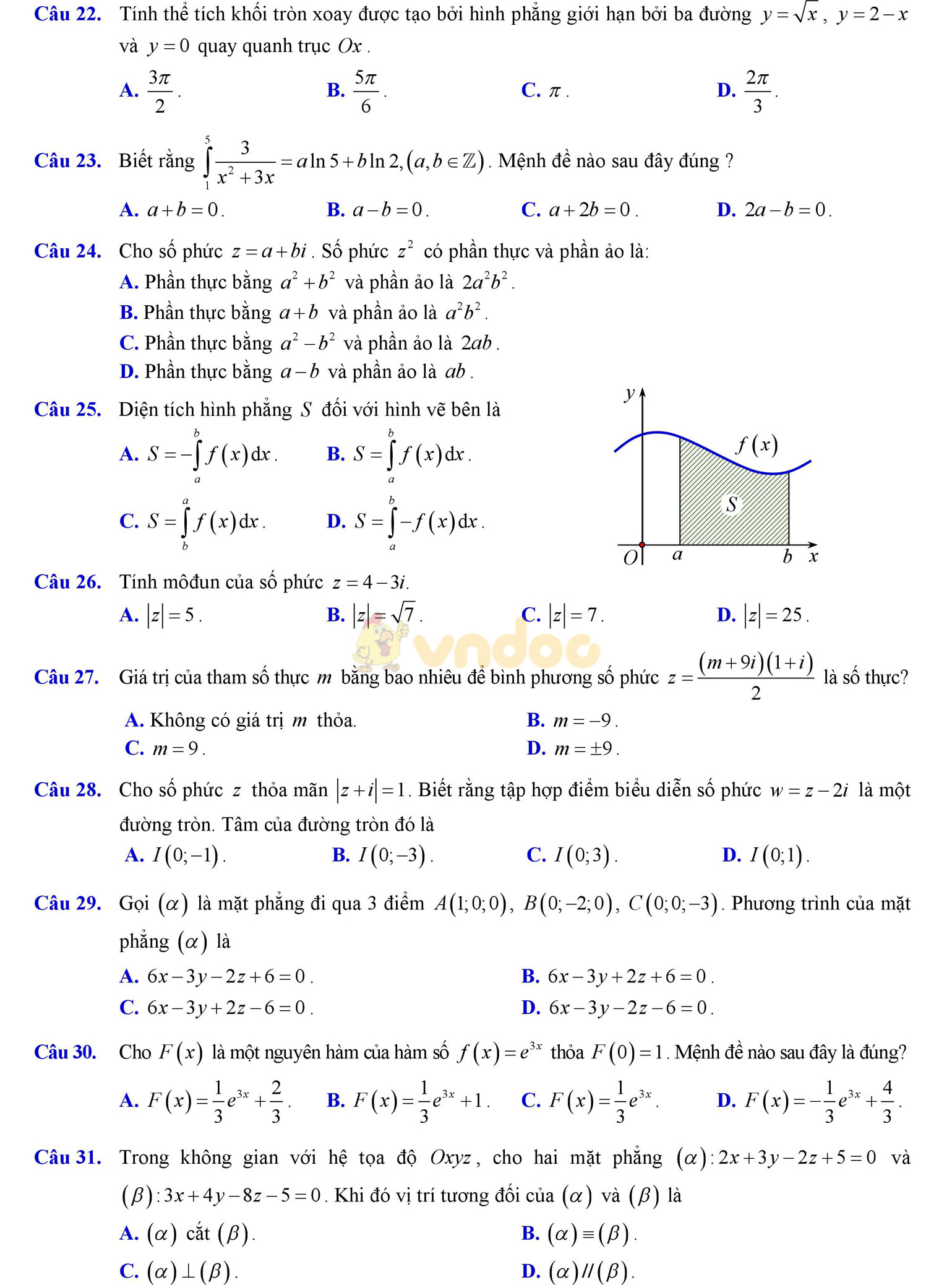 Đề thi học kì 2 môn Toán lớp 12