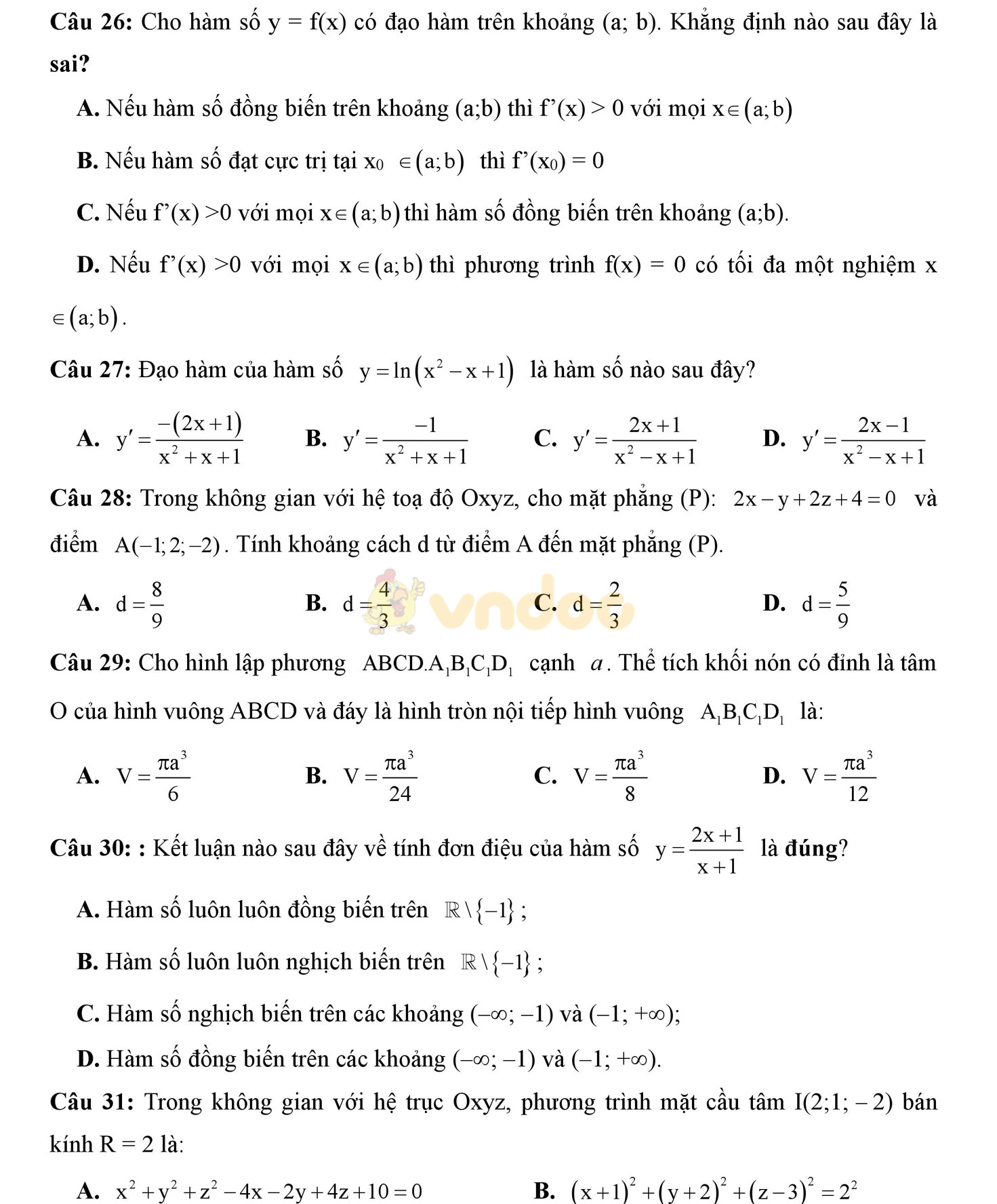 Đề thi học kì 2 môn Toán lớp 12