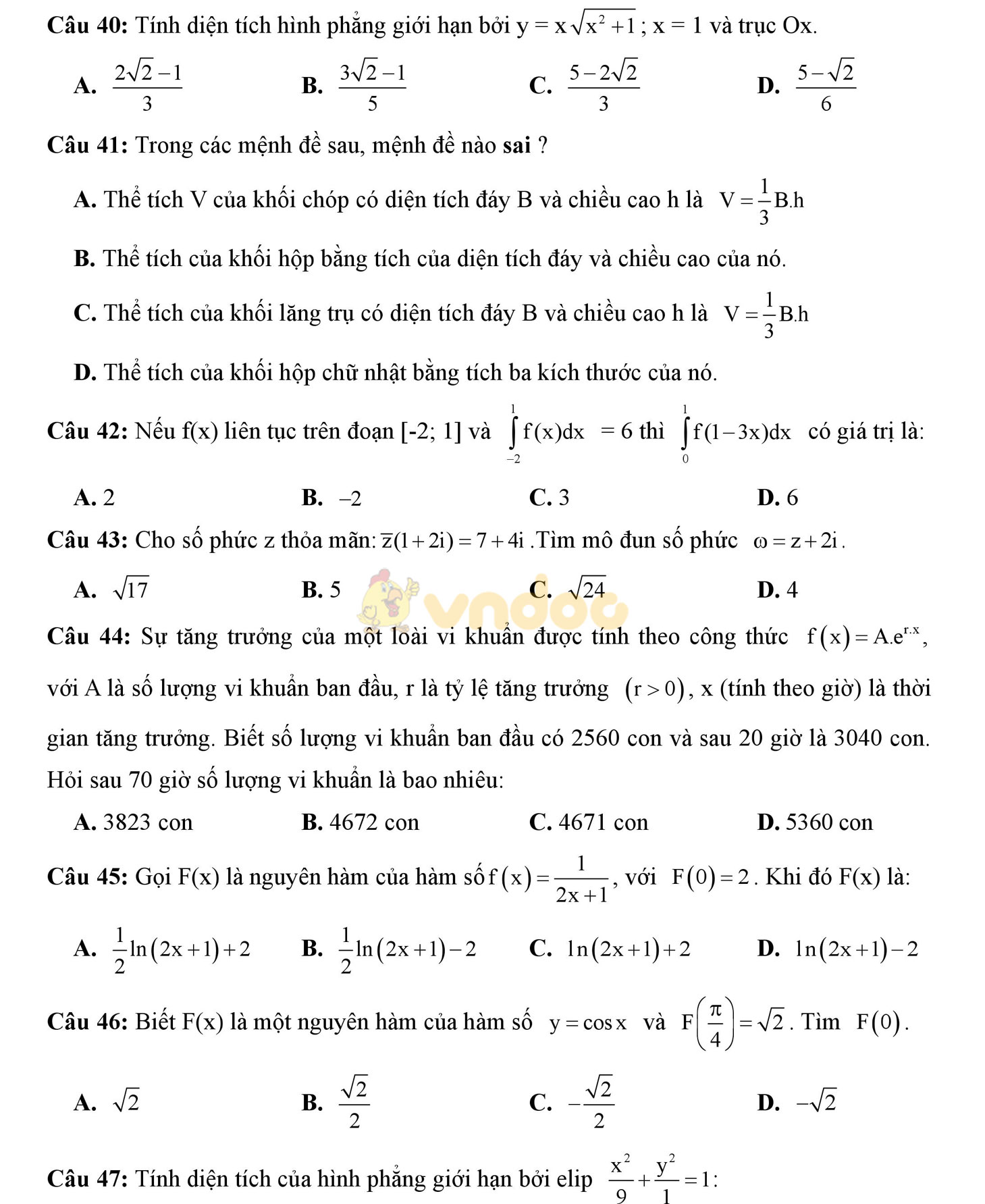 Đề thi học kì 2 môn Toán lớp 12