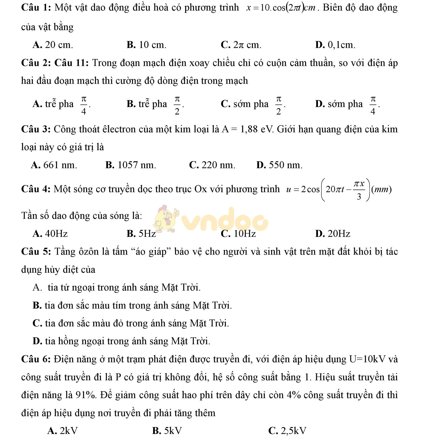 Đề thi học kì 2 môn Vật lý lớp 12