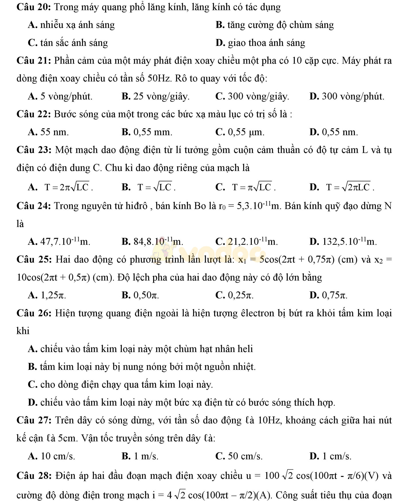 Đề thi học kì 2 môn Vật lý lớp 12