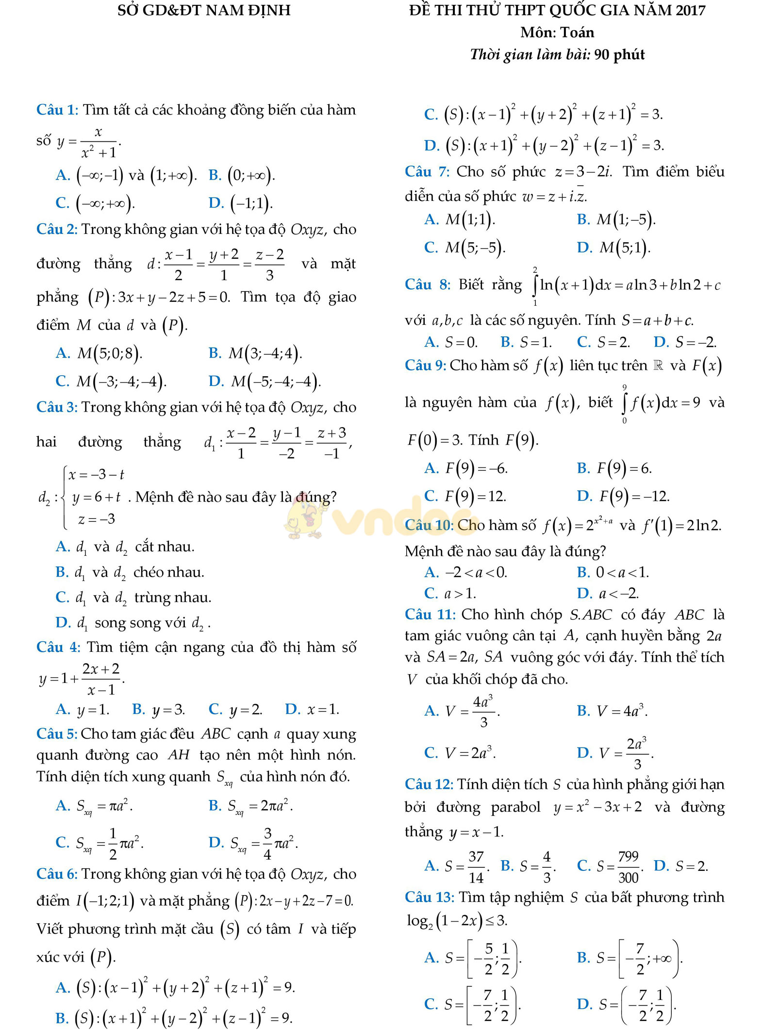 Đề thi thử THPT Quốc gia năm 2017 môn Toán