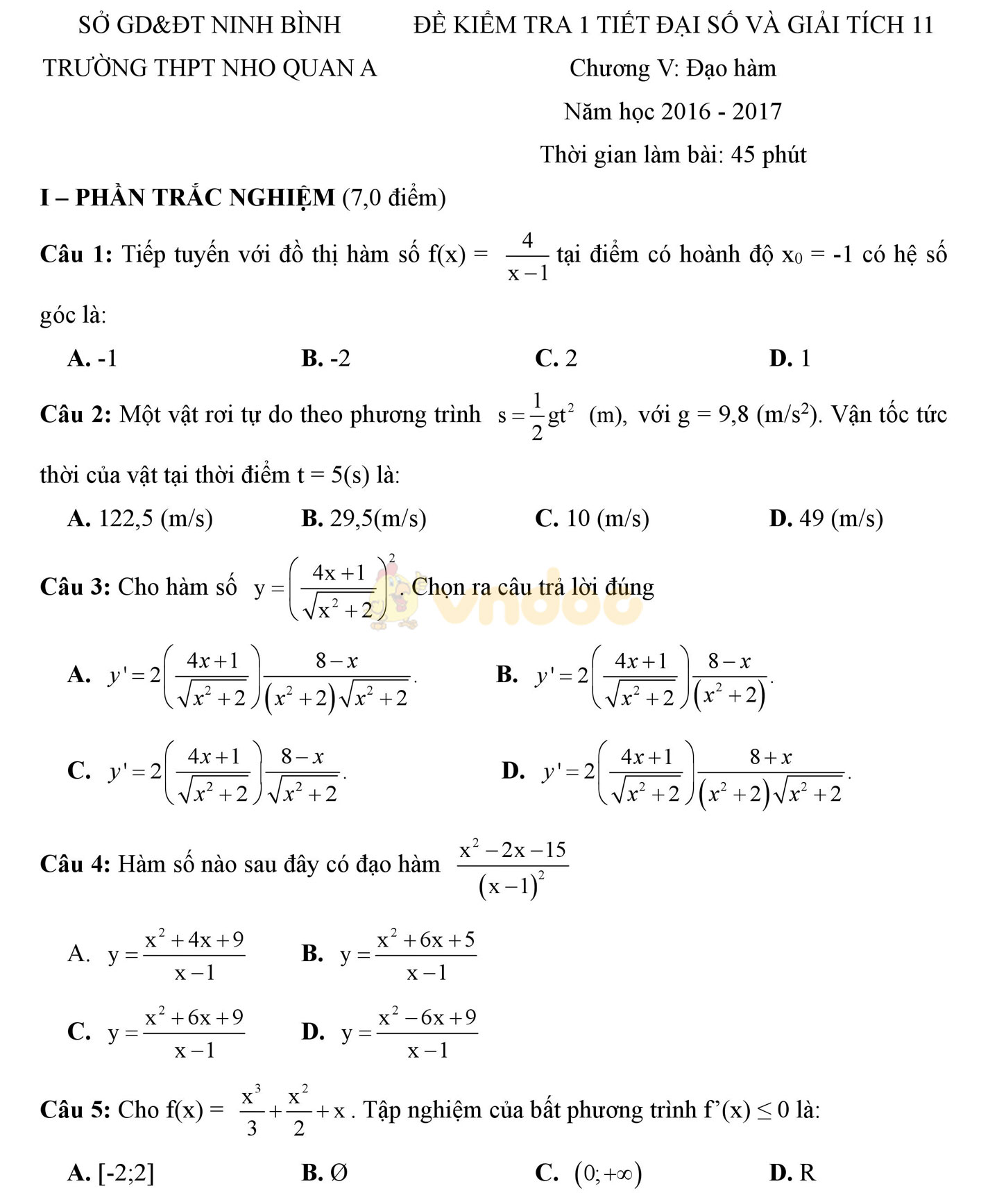 Đề kiểm tra 1 tiết học kì 2 môn Toán lớp 11