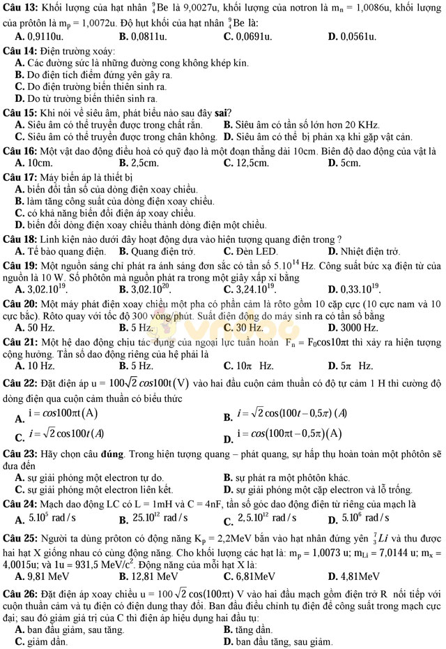 Đề thi thử THPT Quốc gia năm 2017 môn Vật lý trường THPT Đoàn Thượng, Hải Dương (Lần 2) Đề thi thử THPT Quốc gia năm 2017 môn Vật lý có đáp án