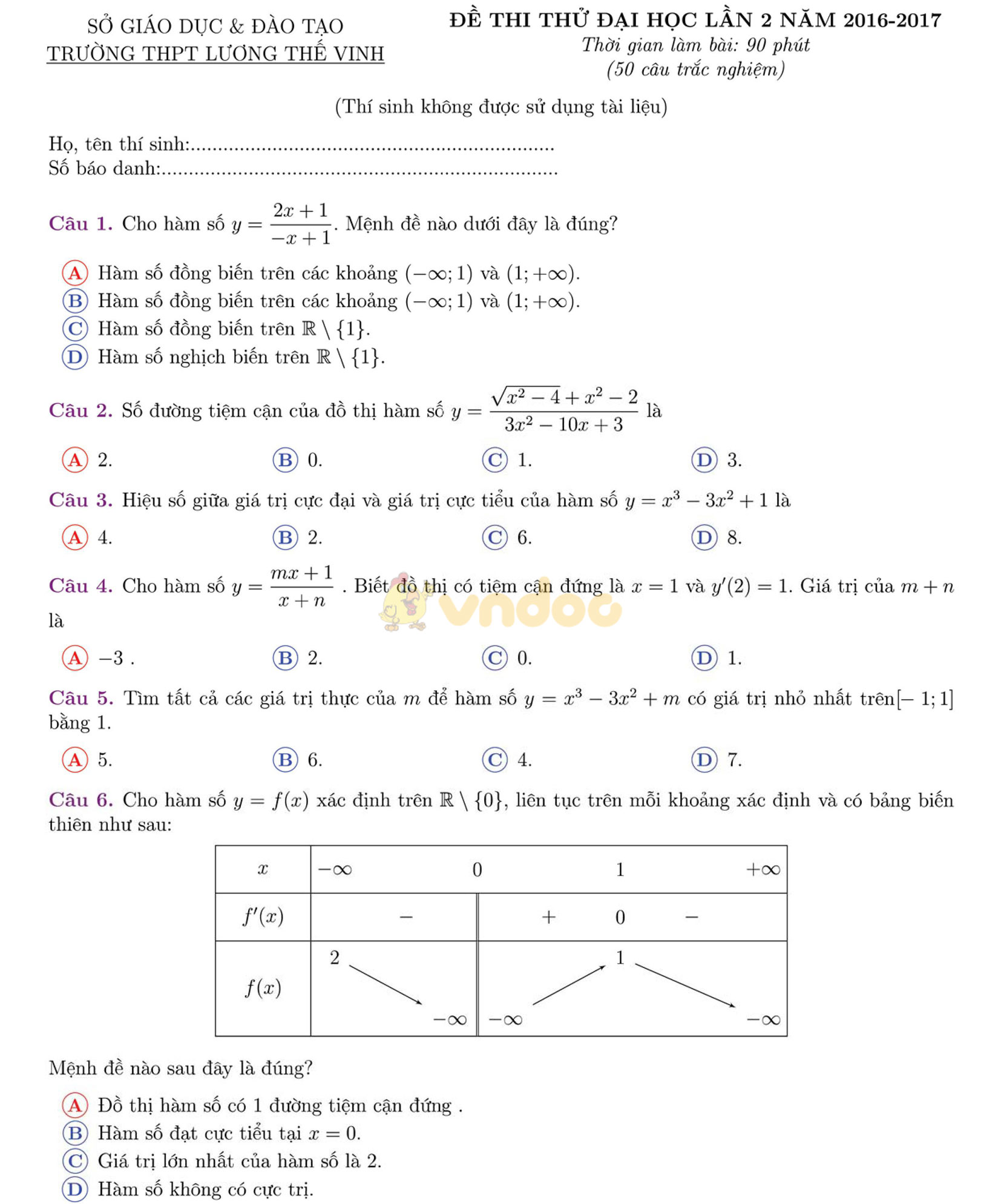 Đề thi thử THPT Quốc gia năm 2017 môn Toán
