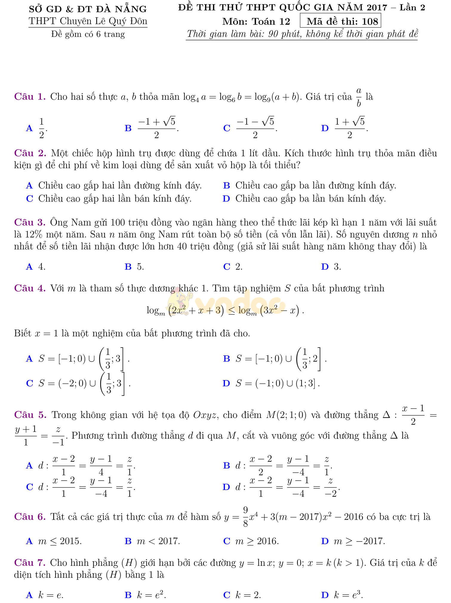 Đề thi thử THPT Quốc gia năm 2017 môn Toán