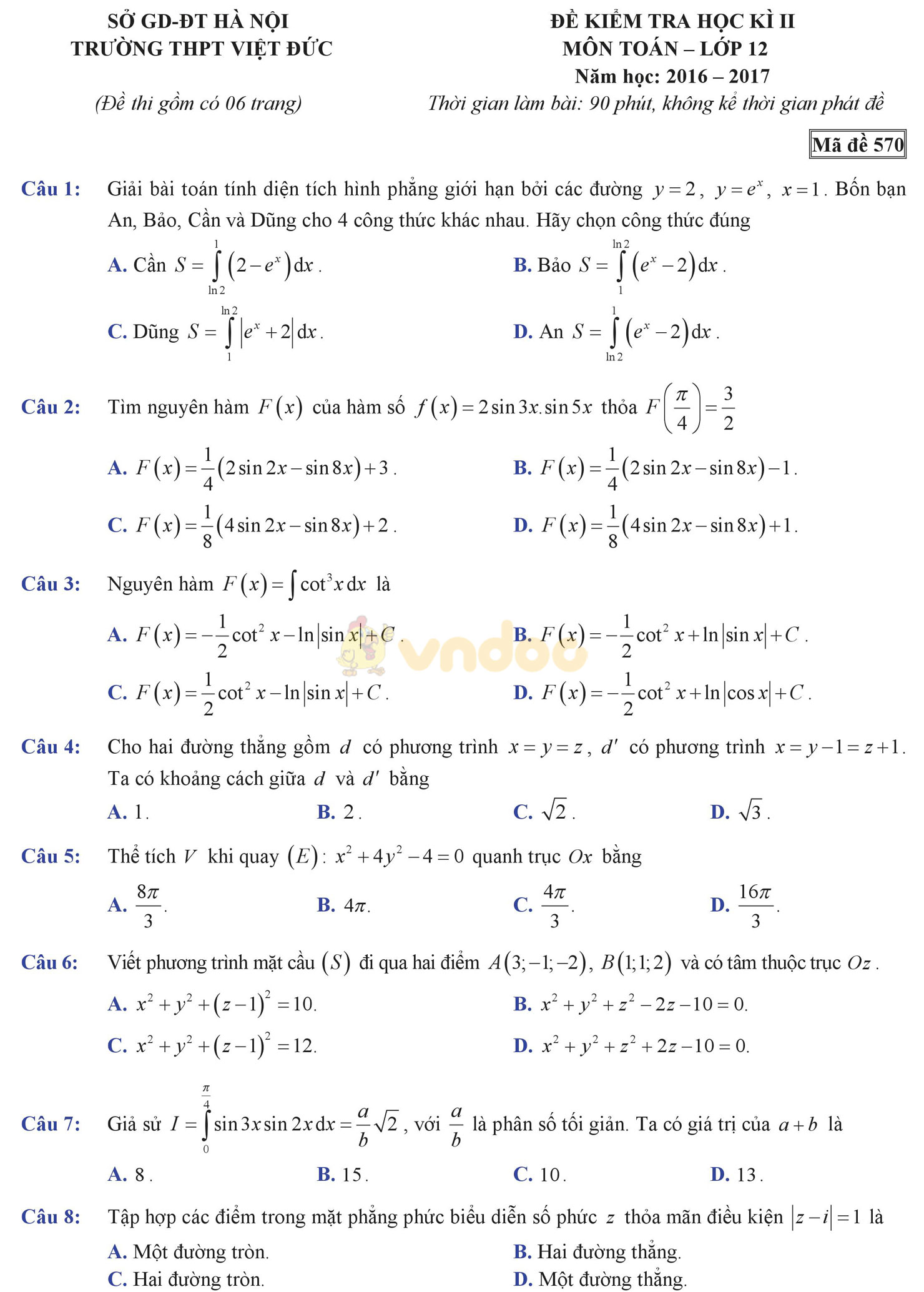 Đề thi học kì 2 môn Toán lớp 12