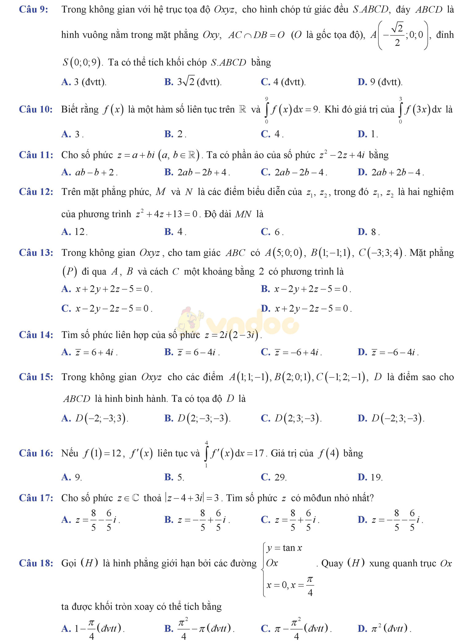 Đề thi học kì 2 môn Toán lớp 12
