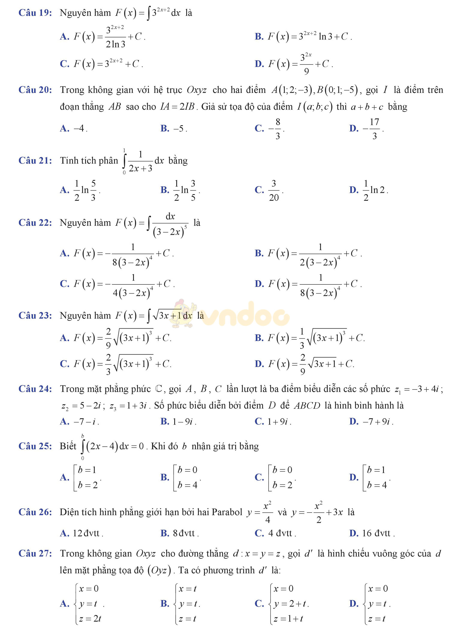 Đề thi học kì 2 môn Toán lớp 12