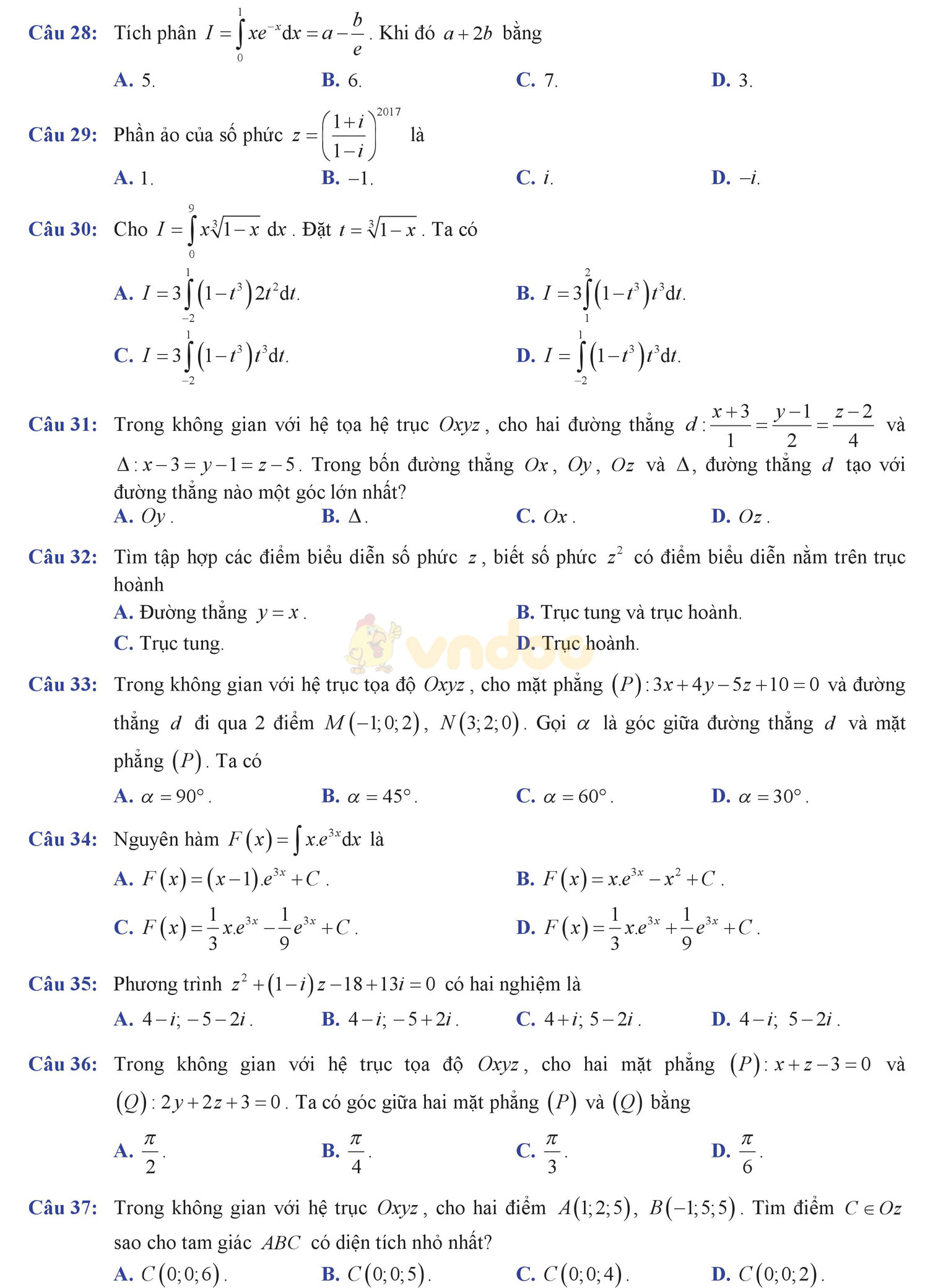 Đề thi học kì 2 môn Toán lớp 12