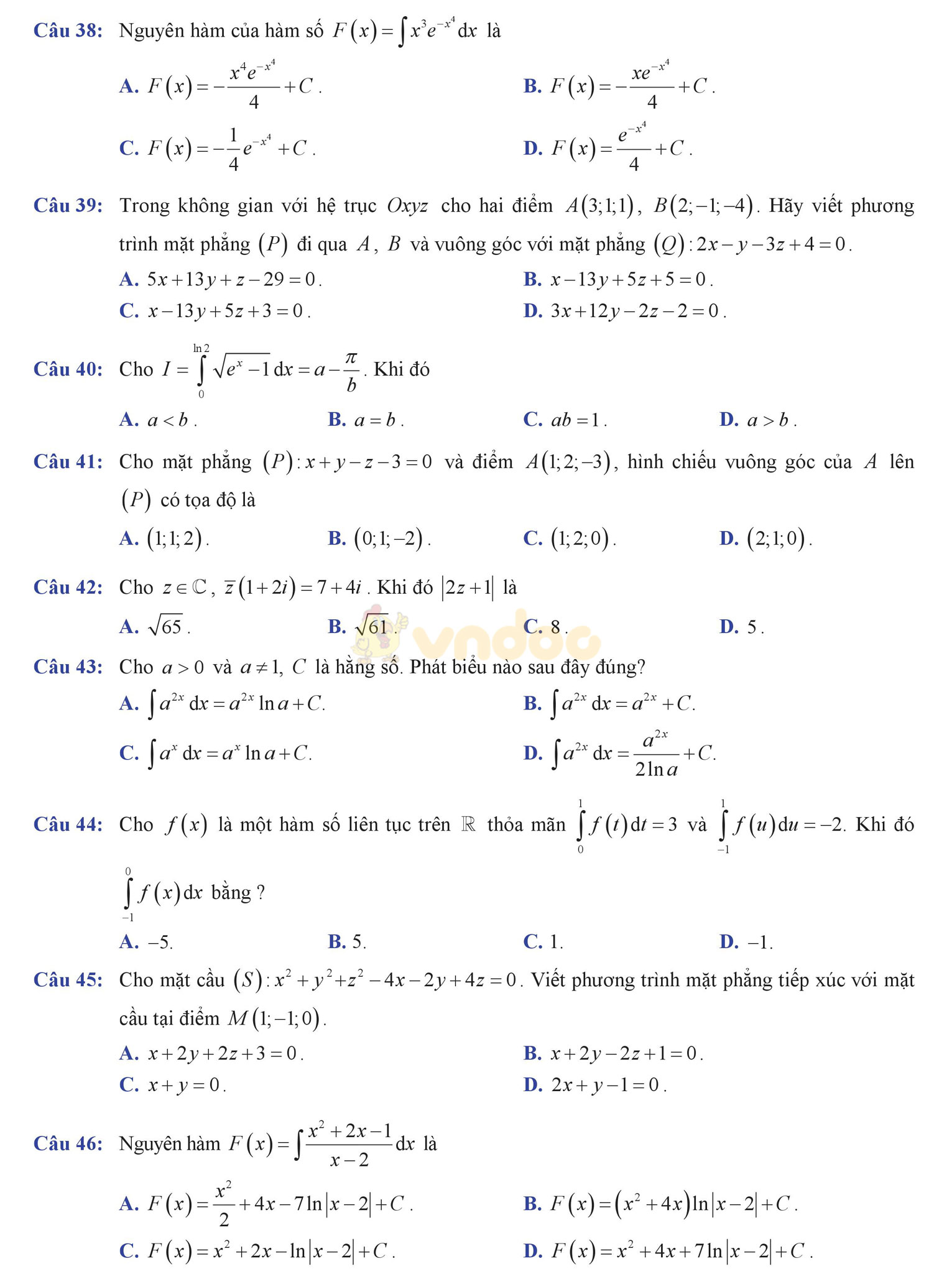 Đề thi học kì 2 môn Toán lớp 12