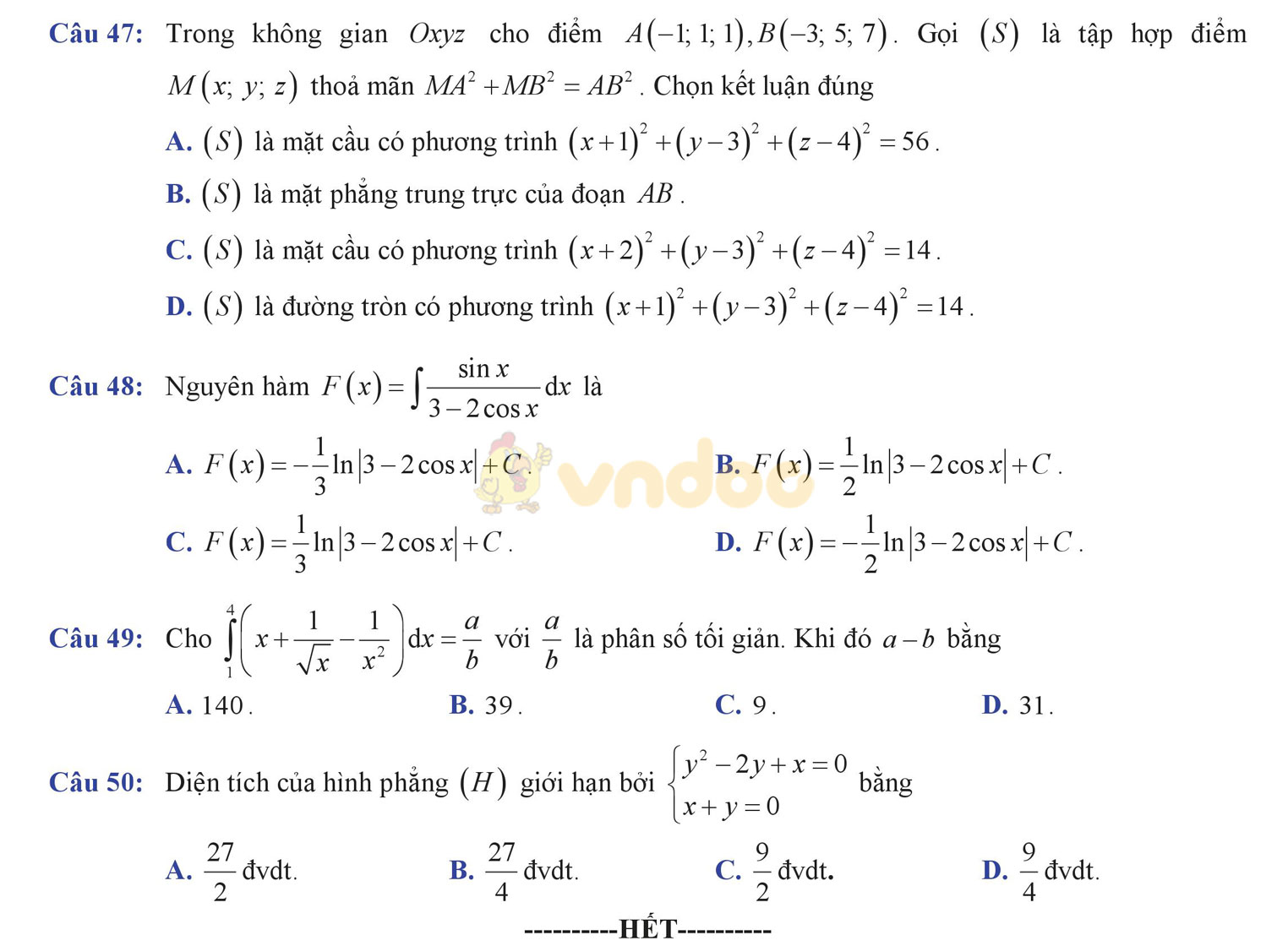 Đề thi học kì 2 môn Toán lớp 12