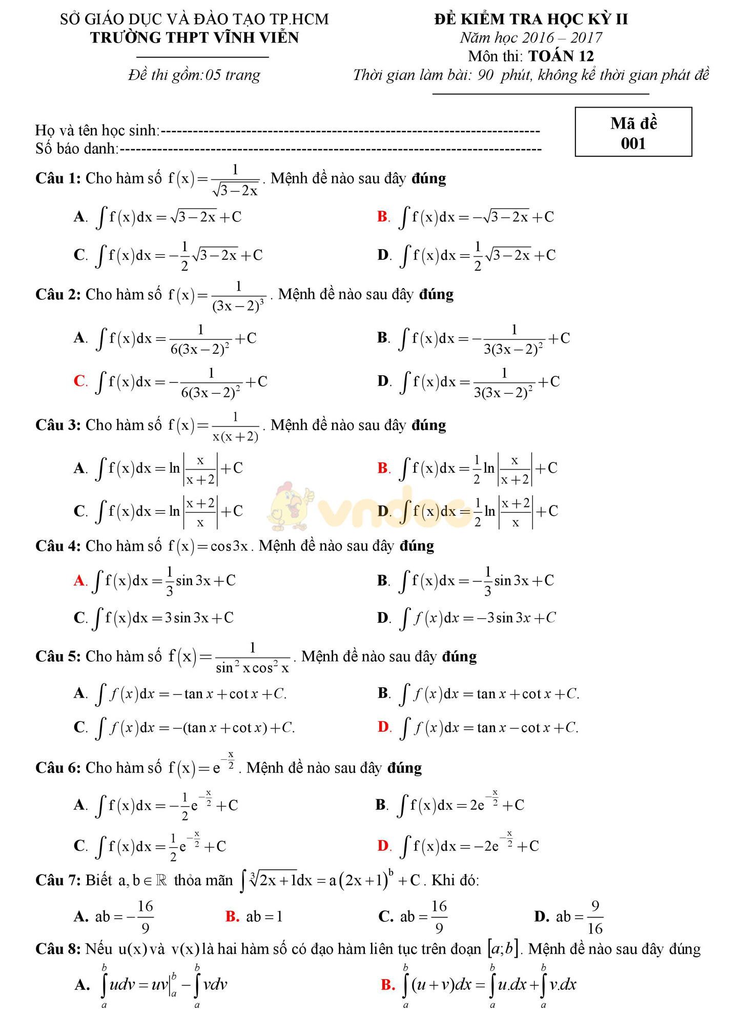 Đề thi học kì 2 môn Toán lớp 12