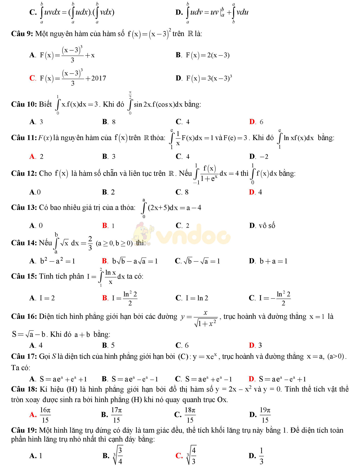 Đề thi học kì 2 môn Toán lớp 12