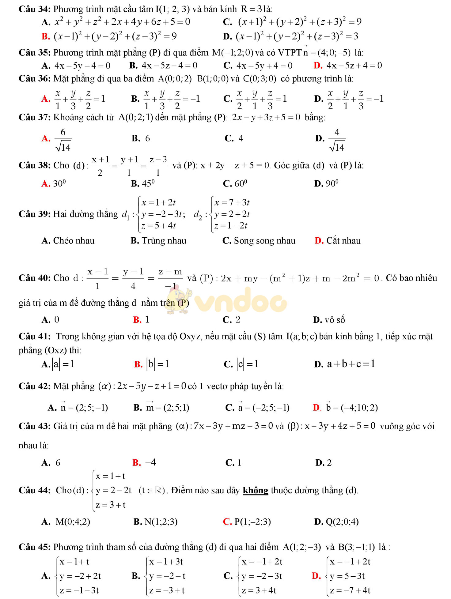 Đề thi học kì 2 môn Toán lớp 12