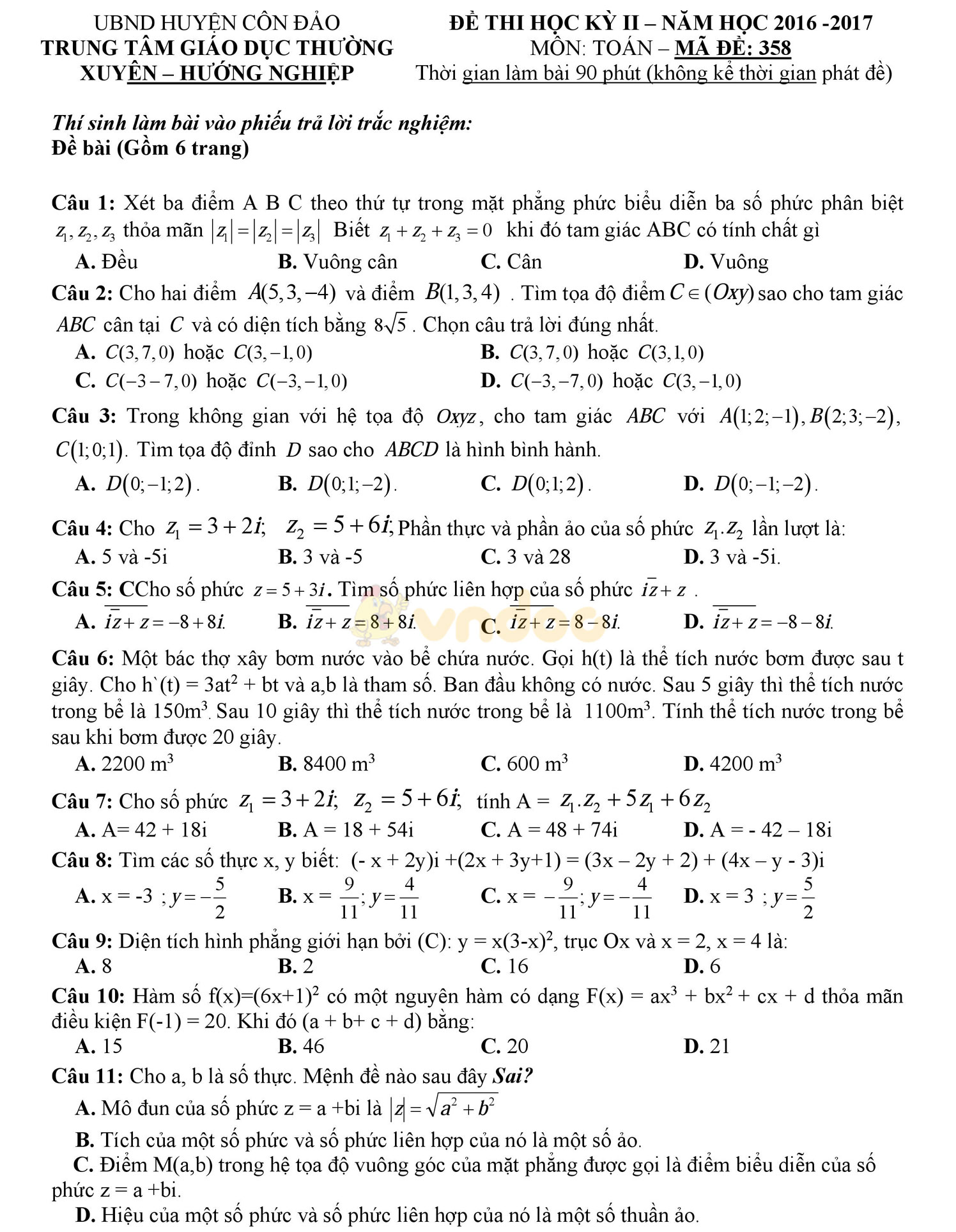 Đề thi học kì 2 môn Toán lớp 12 Đề thi học kì 2 môn Toán lớp 12