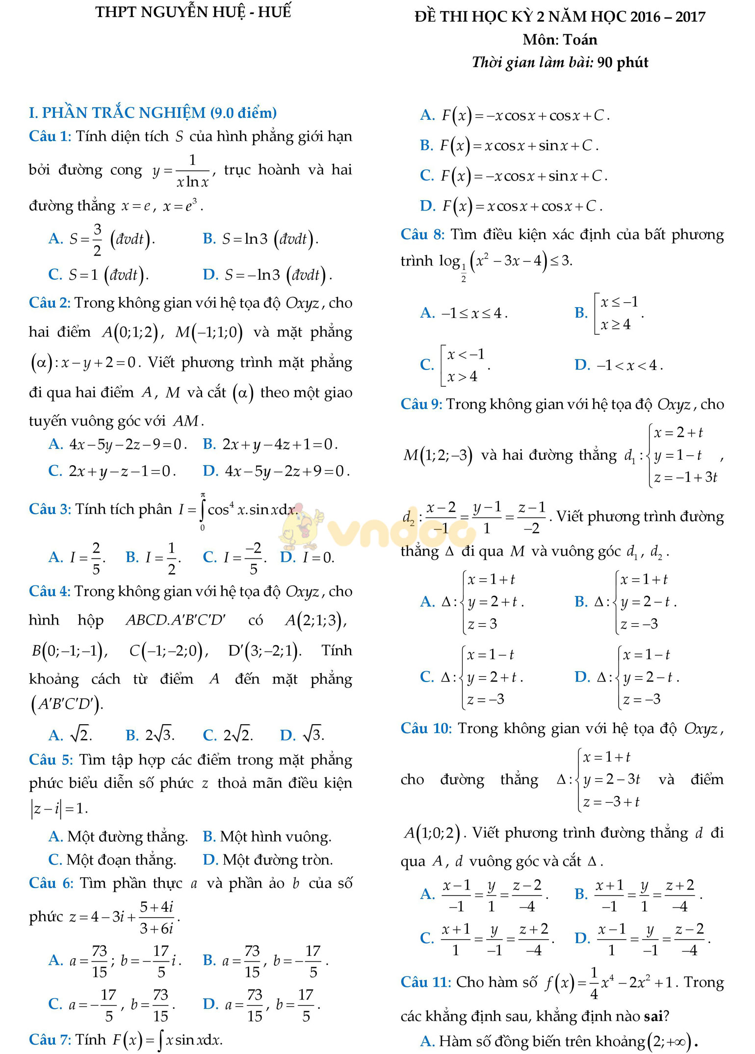 Đề thi học kì 2 môn Toán lớp 12 Đề thi học kì 2 môn Toán lớp 12