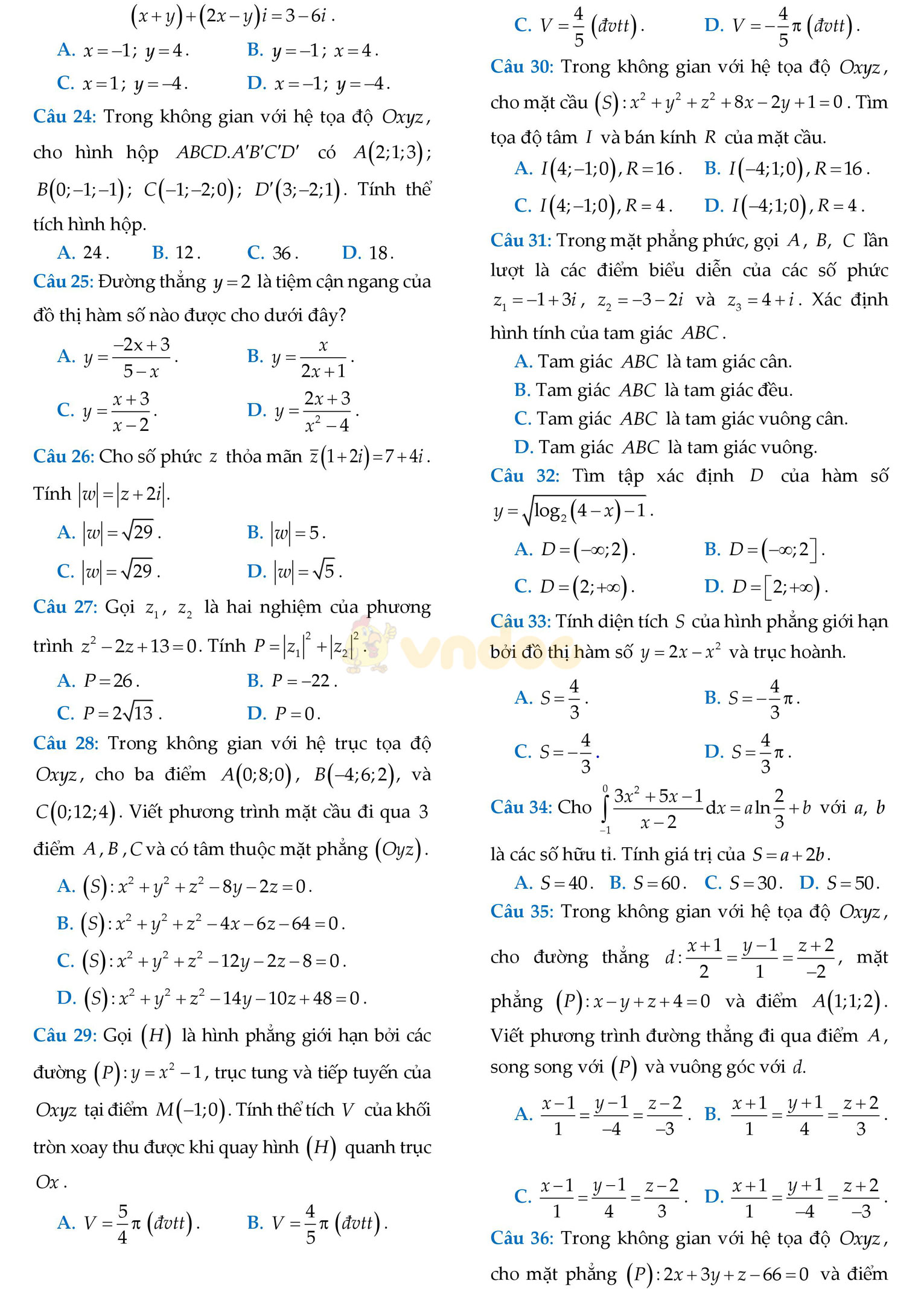 Đề thi học kì 2 môn Toán lớp 12 Đề thi học kì 2 môn Toán lớp 12