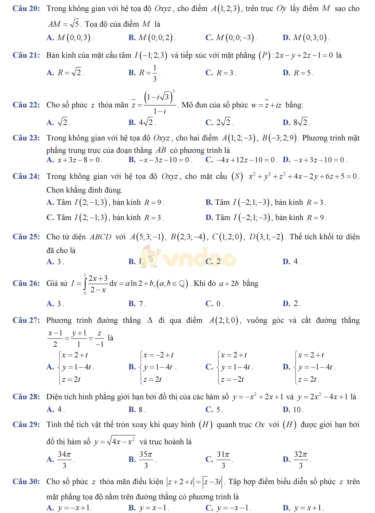 Đề thi học kì 2 môn Toán lớp 12