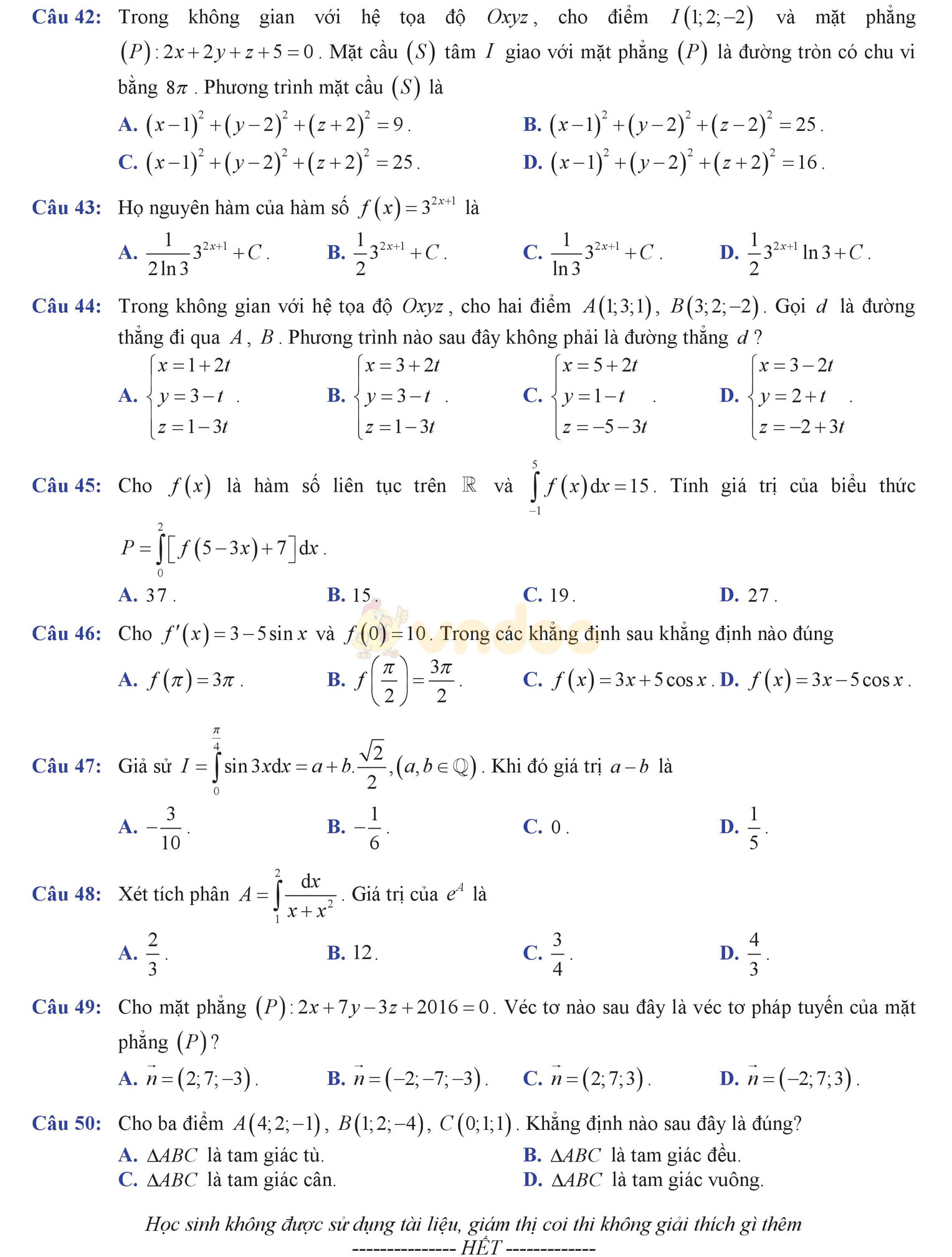 Đề thi học kì 2 môn Toán lớp 12