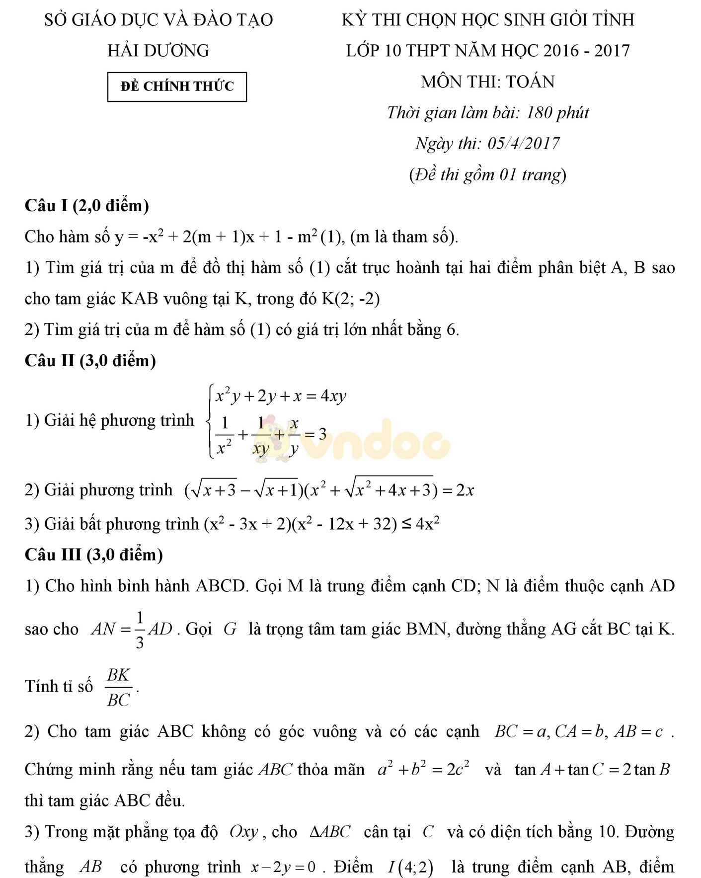 Đề thi học sinh giỏi môn Toán lớp 10