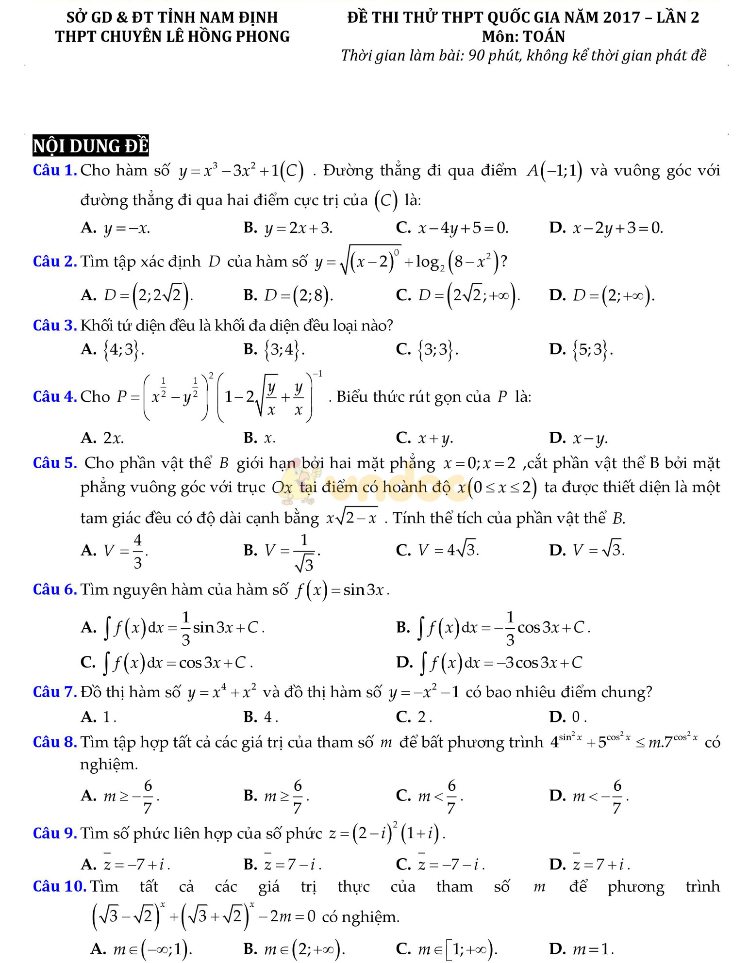 Đề thi thử THPT Quốc gia năm 2017 môn Toán Đề thi thử THPT Quốc gia năm 2017 môn Toán