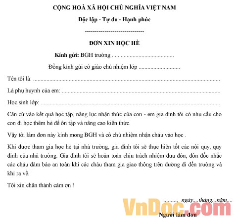 Đơn xin học thêm hè Mẫu đơn xin học thêm hè