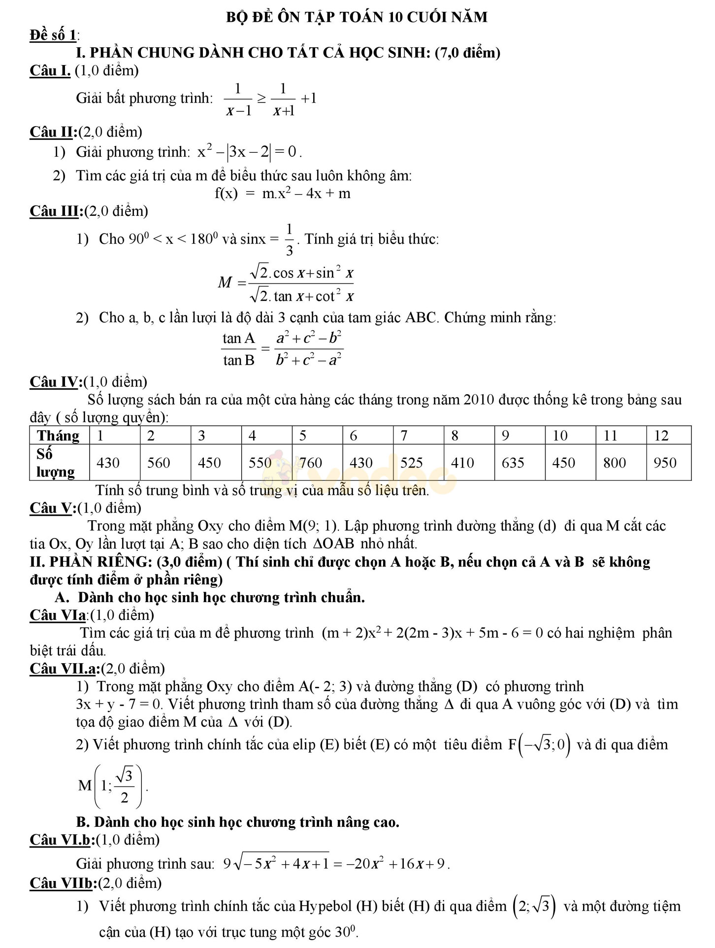 25 đề ôn tập thi học kì 2 môn Toán lớp 10