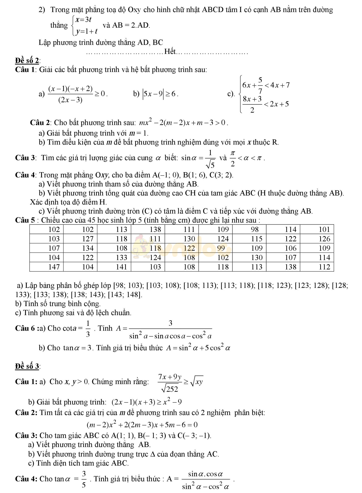 25 đề ôn tập thi học kì 2 môn Toán lớp 10