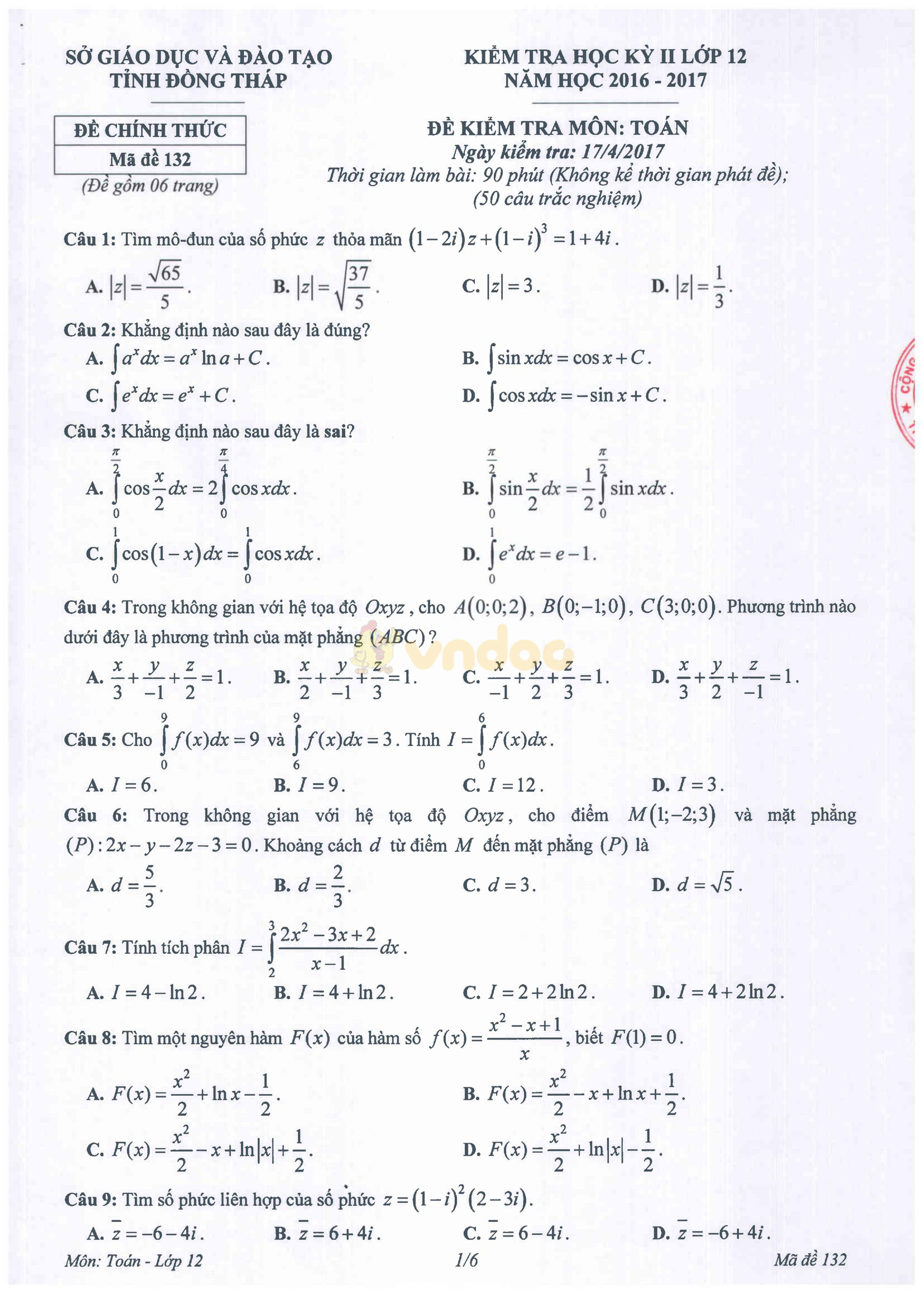 Bộ đề thi học kì 2 môn Toán lớp 12