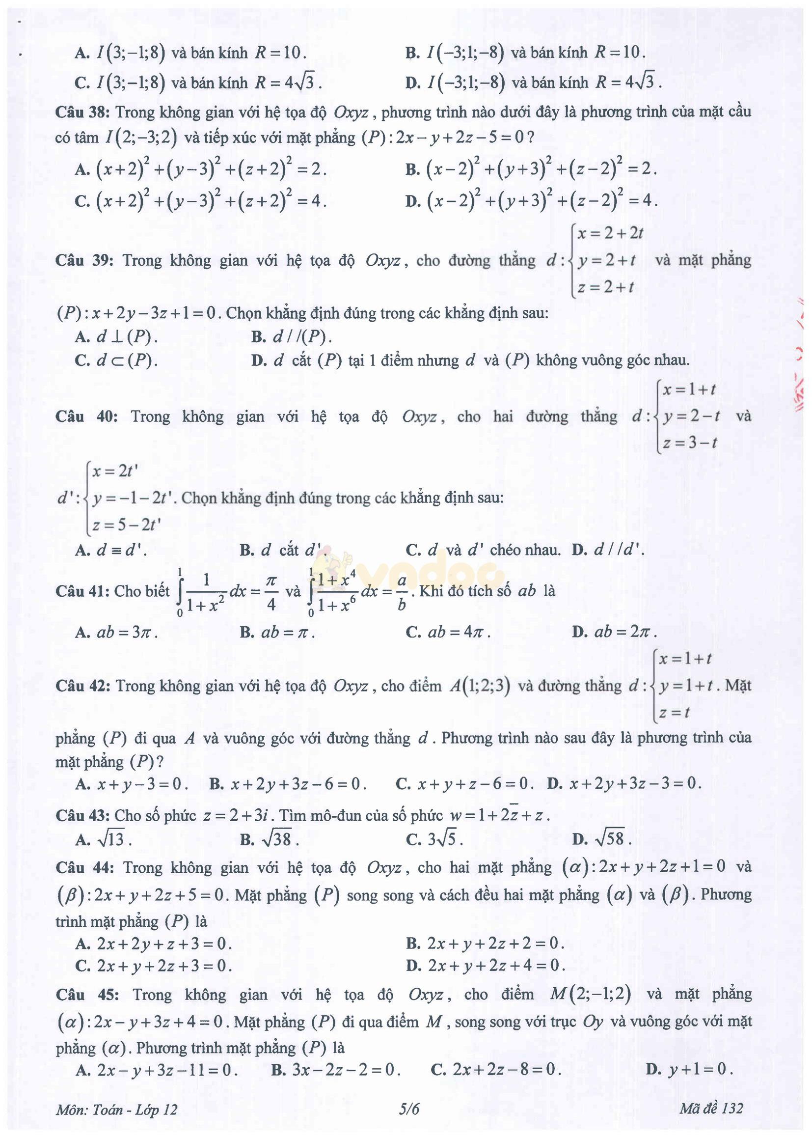 Bộ đề thi học kì 2 môn Toán lớp 12