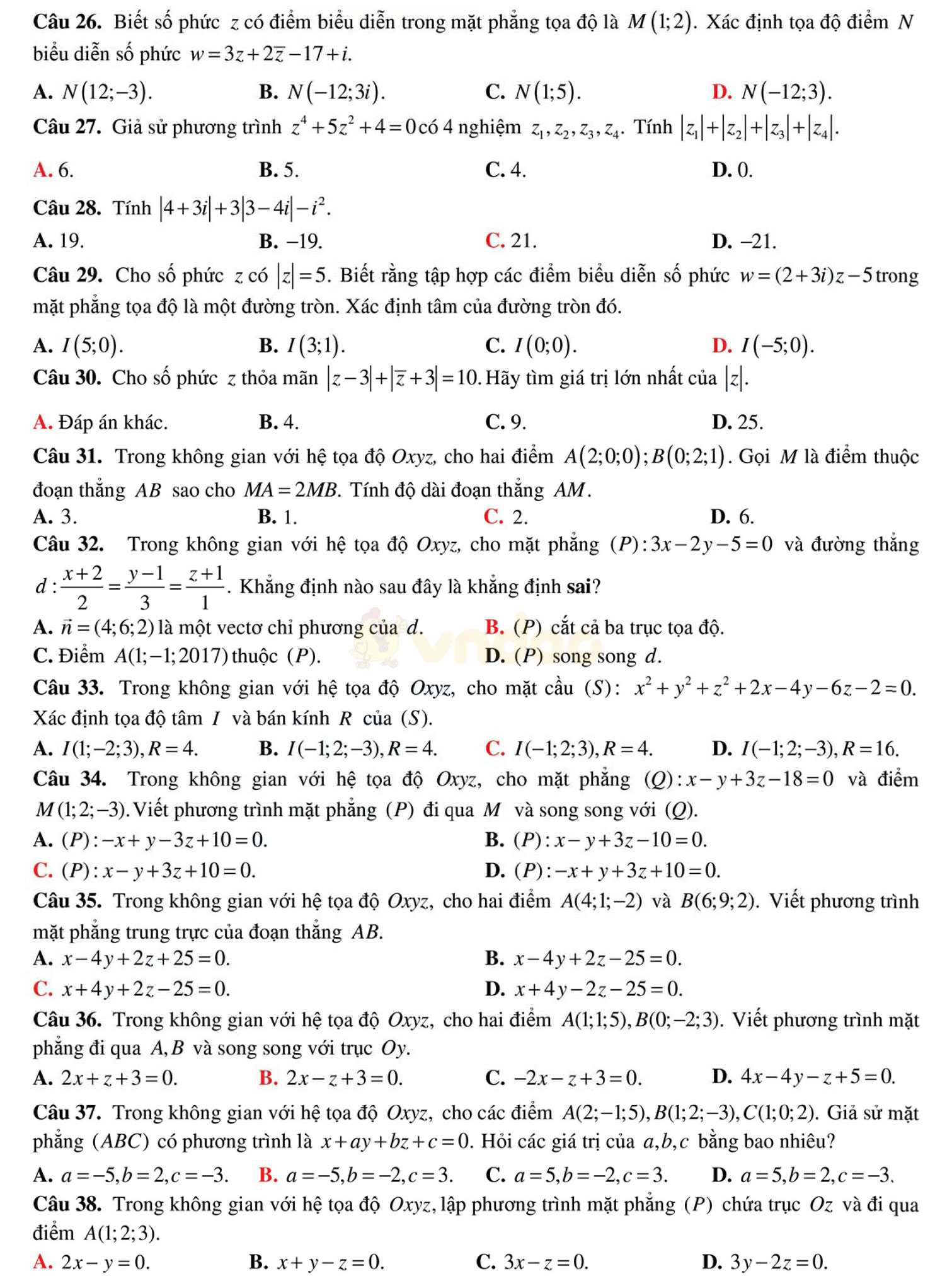 Đề thi học kì 2 môn Toán lớp 12 Đề thi học kì 2 môn Toán lớp 12