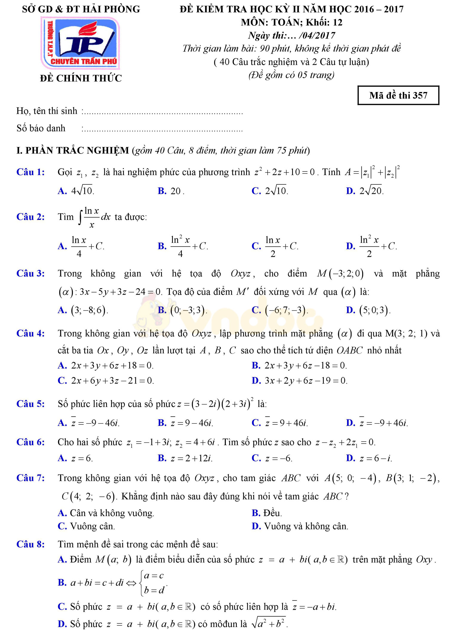 Đề thi học kì 2 môn Toán lớp 12