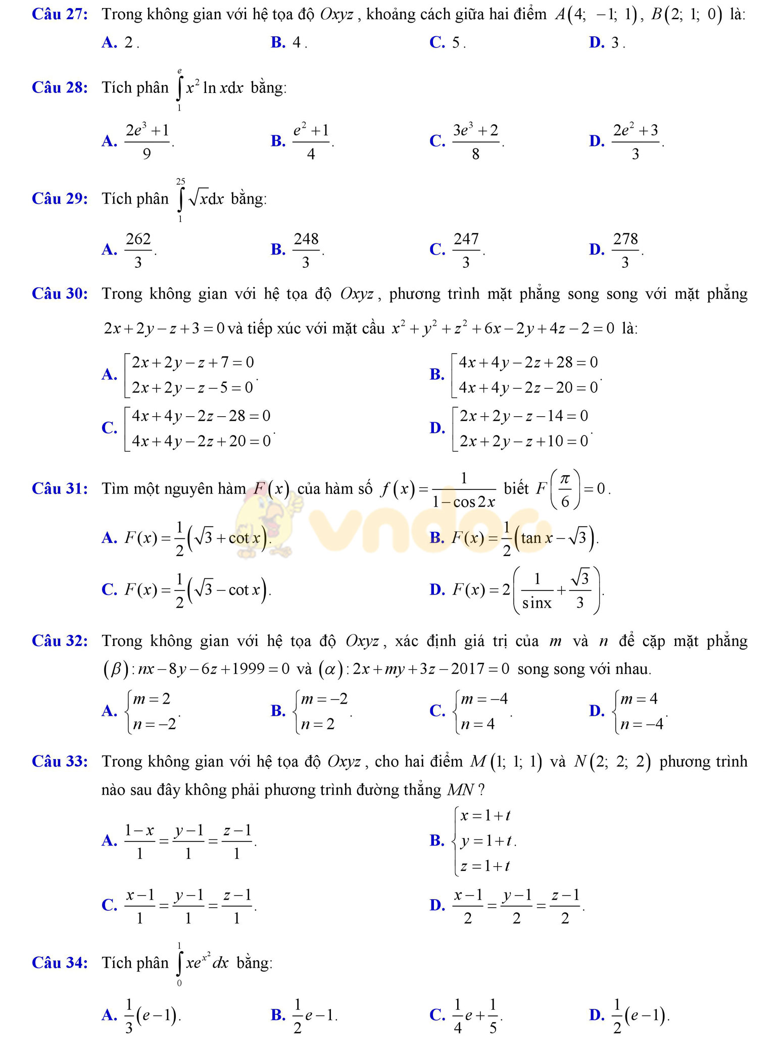 Đề thi học kì 2 môn Toán lớp 12