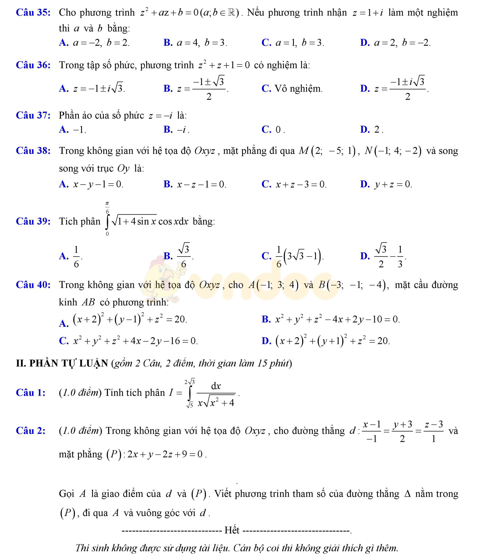 Đề thi học kì 2 môn Toán lớp 12