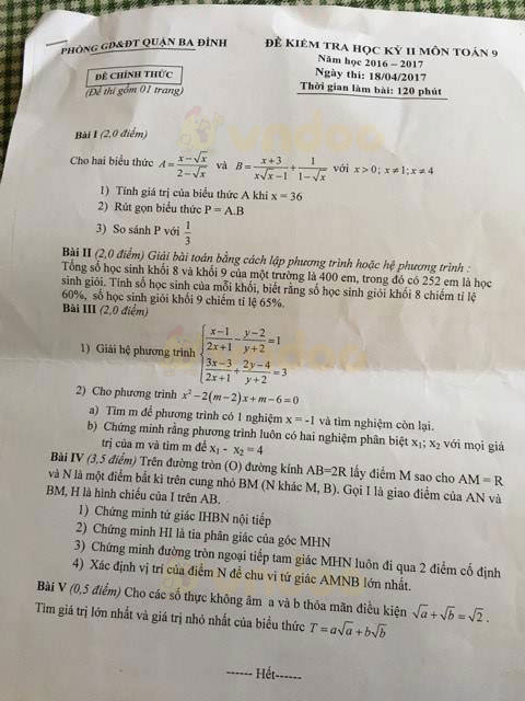 Đề thi học kì 2 môn Toán lớp 9