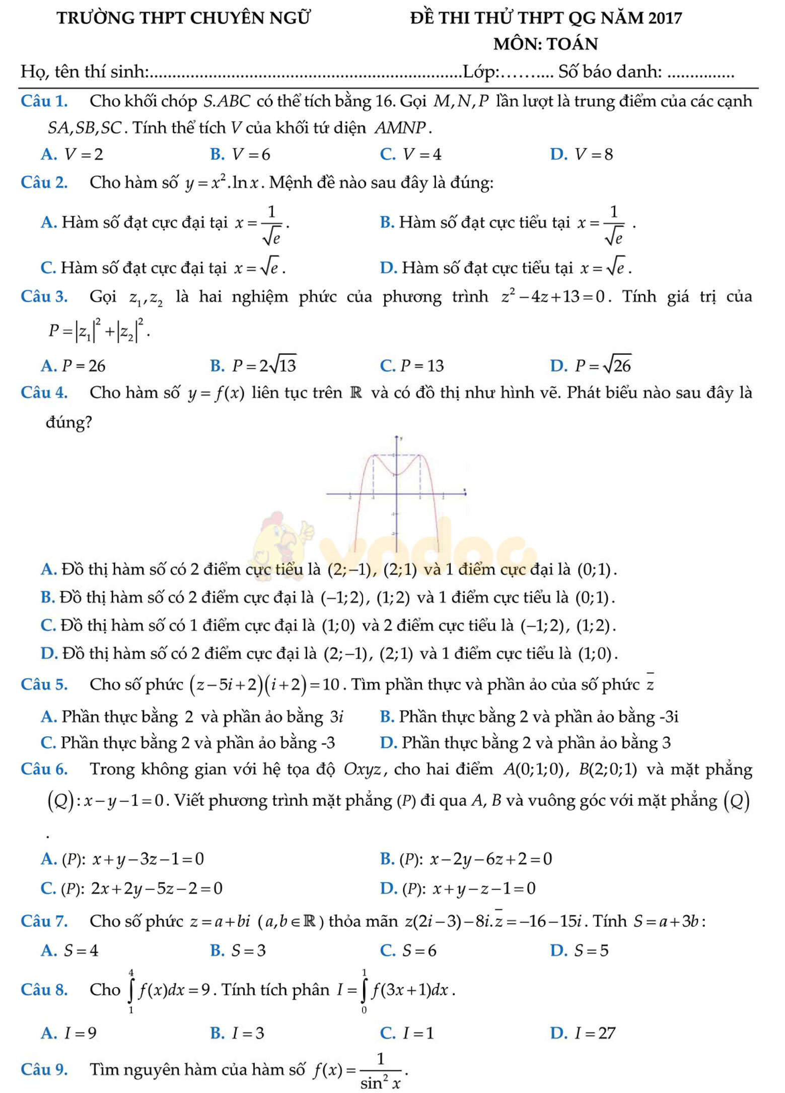 Đề thi thử THPT Quốc gia năm 2017 môn Toán Đề thi thử THPT Quốc gia năm 2017 môn Toán