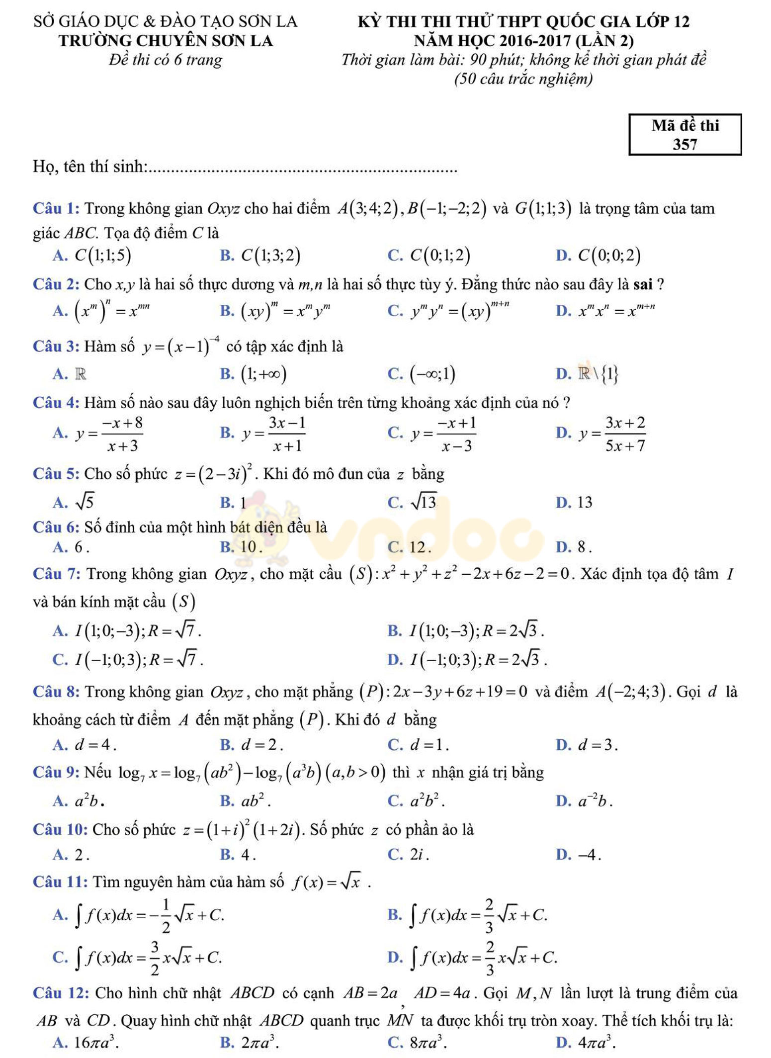 Đề thi thử THPT Quốc gia năm 2017 môn Toán