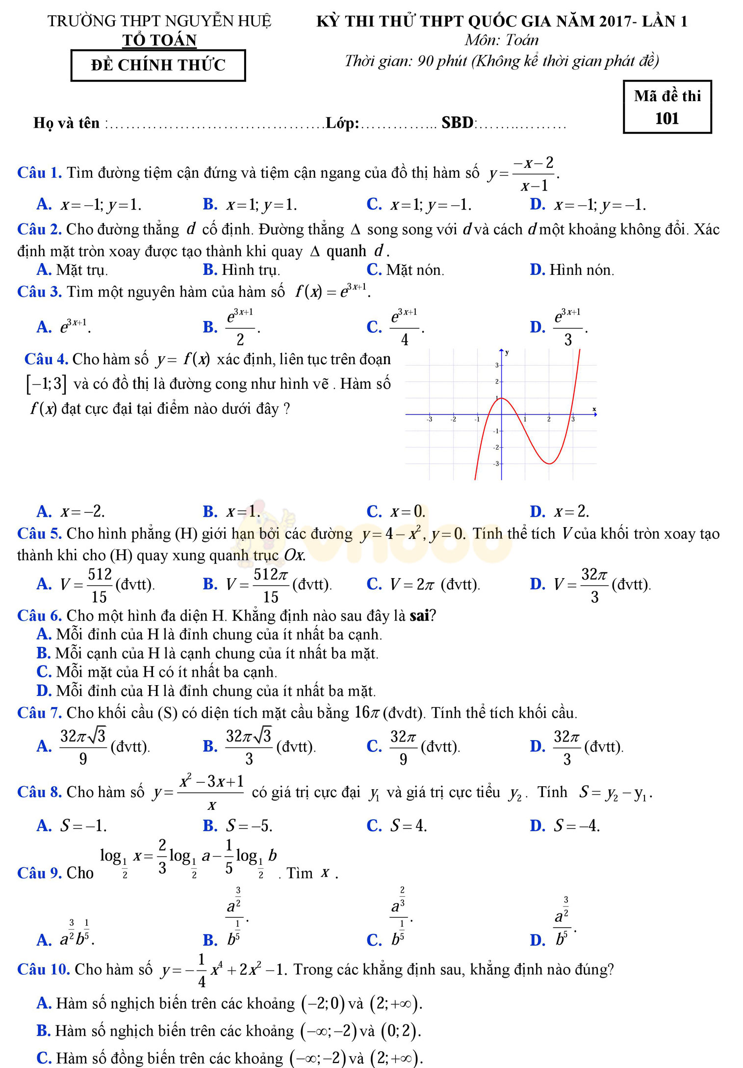 Đề thi thử THPT Quốc gia năm 2017 môn Toán