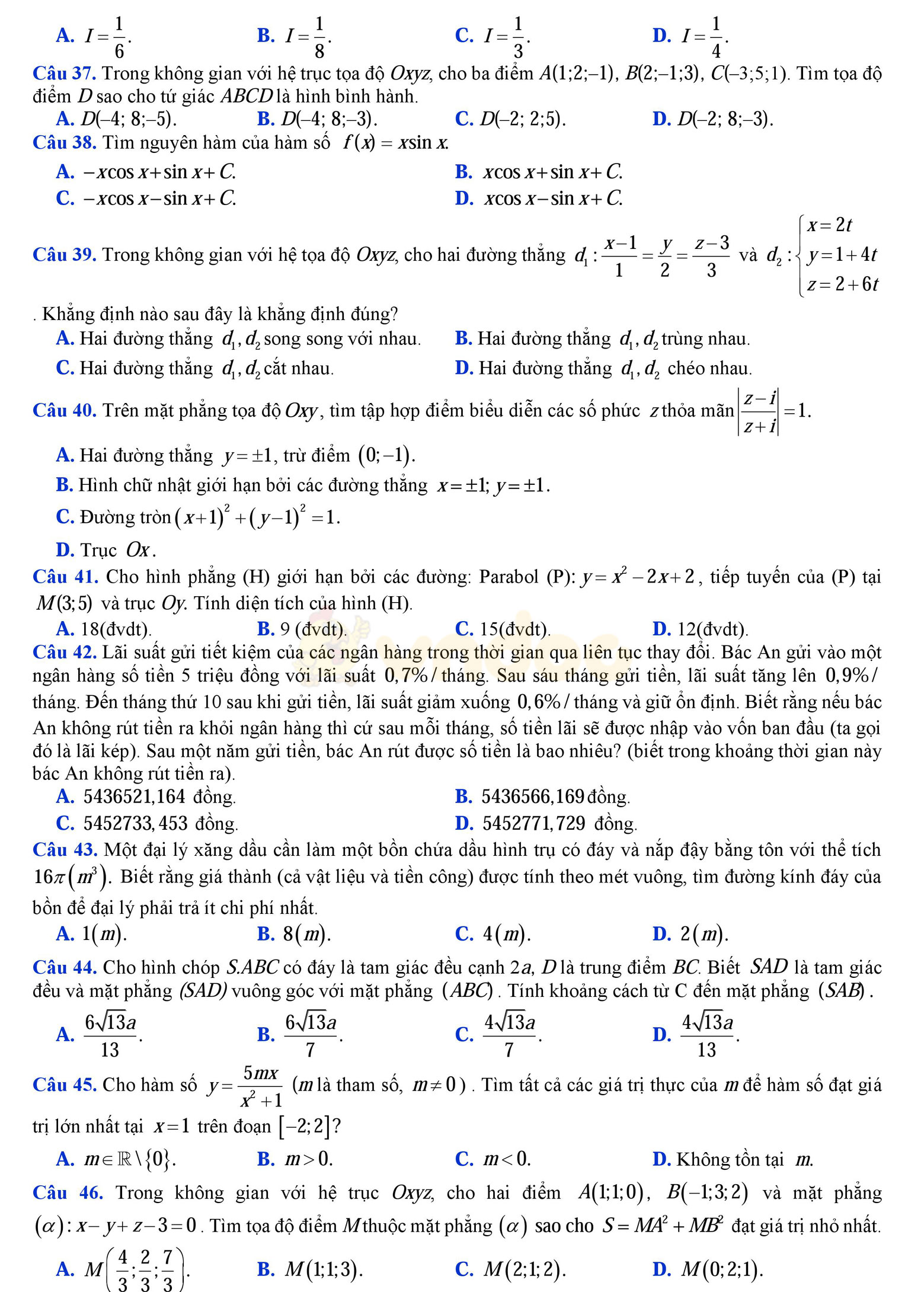 Đề thi thử THPT Quốc gia năm 2017 môn Toán