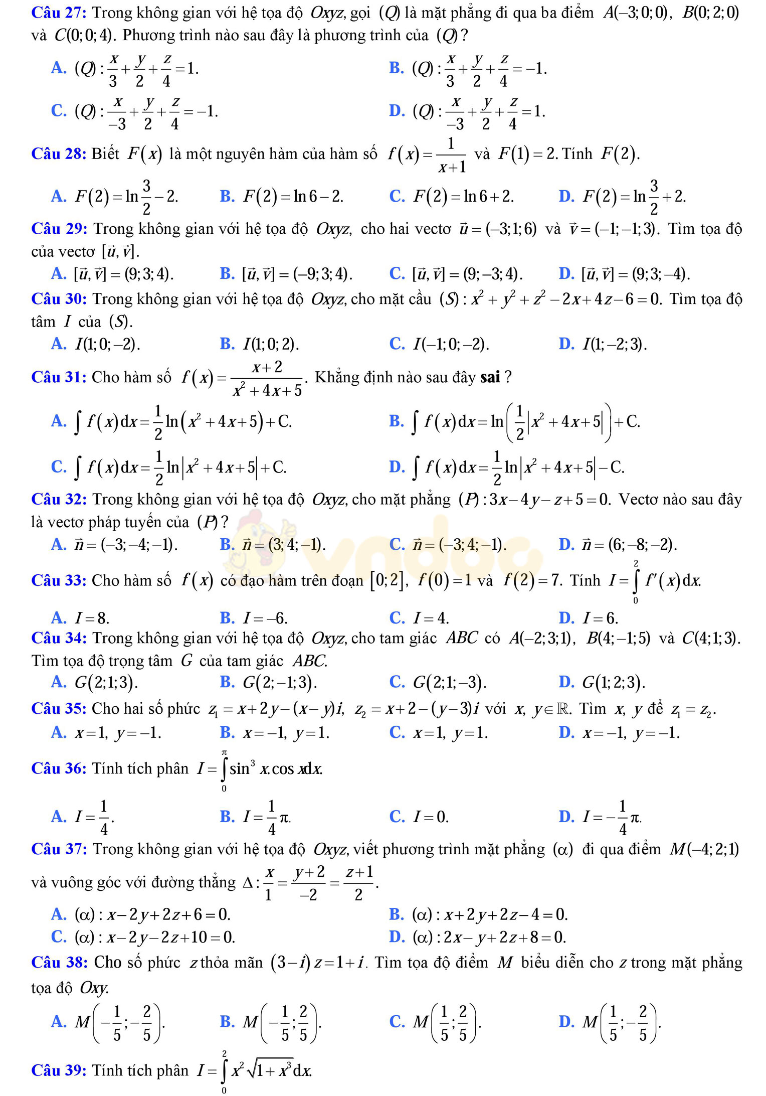 Đề thi học kì 2 môn Toán lớp 12