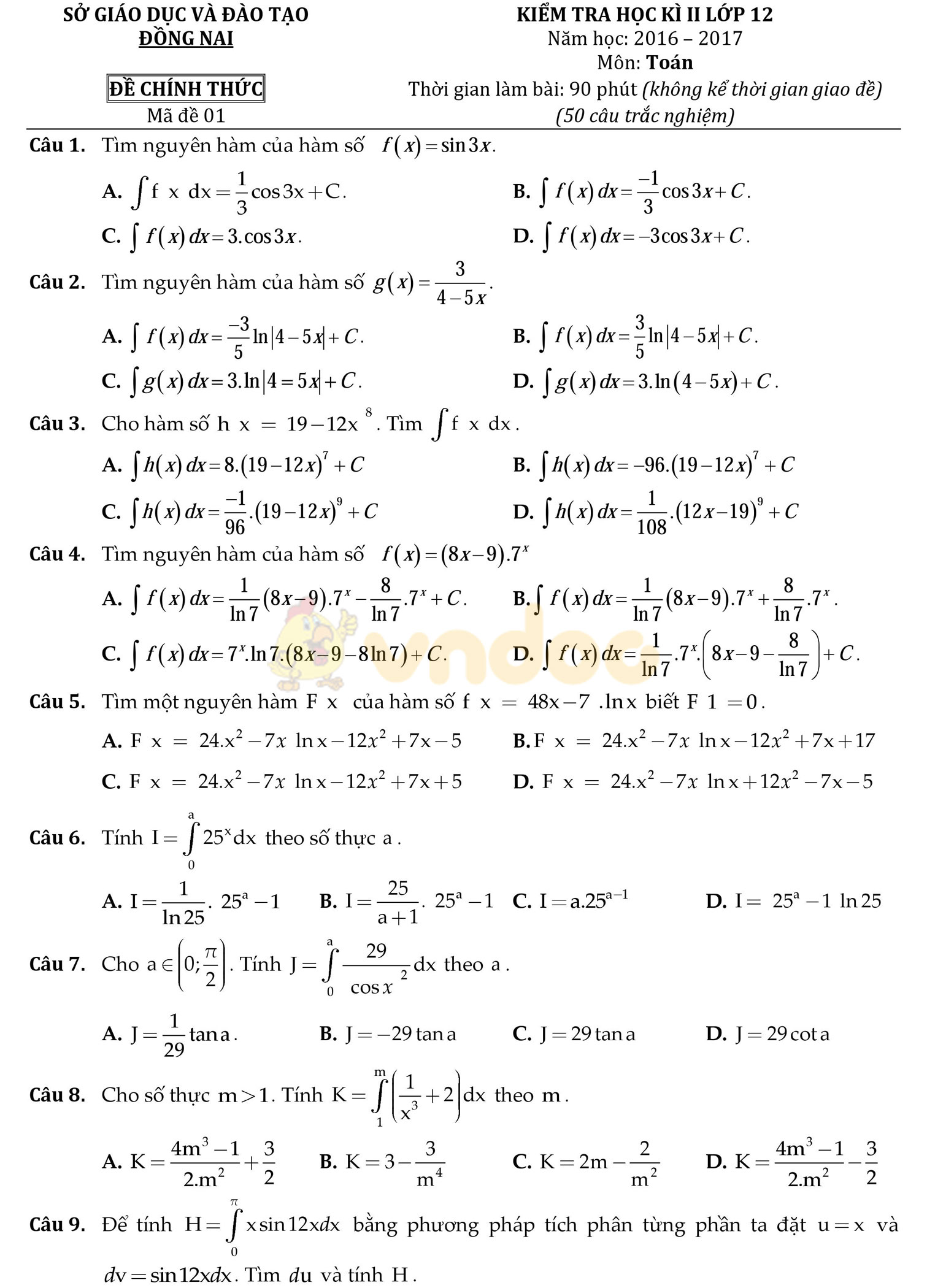 Đề thi học kì 2 môn Toán lớp 12