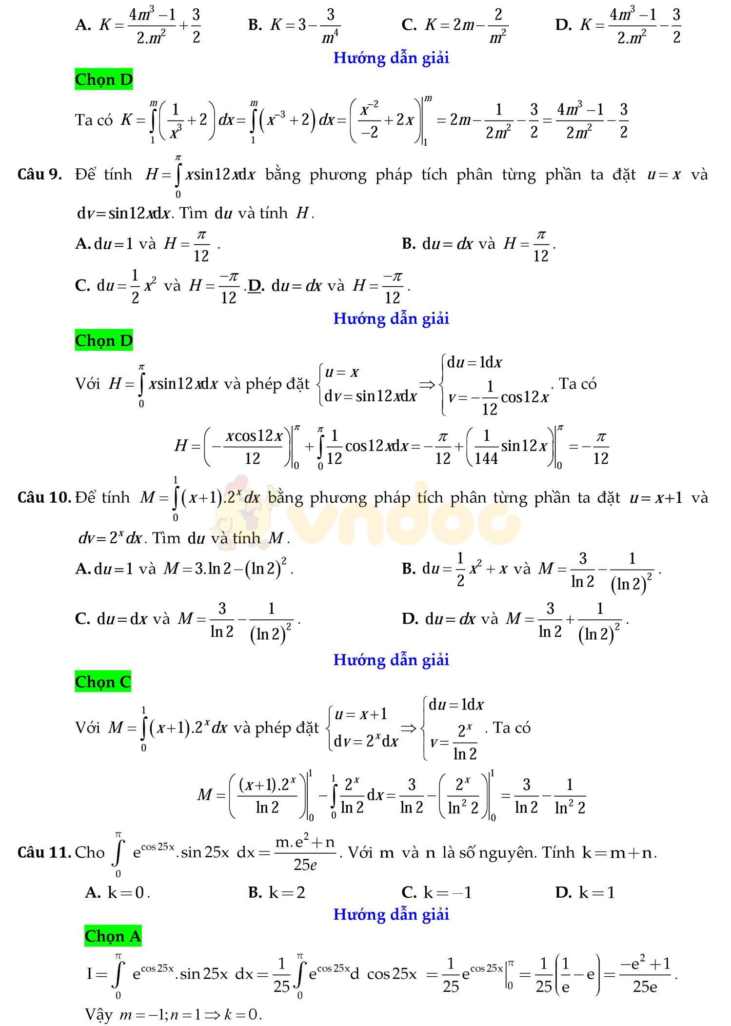 Đáp án đề thi học kì 2 môn Toán lớp 12