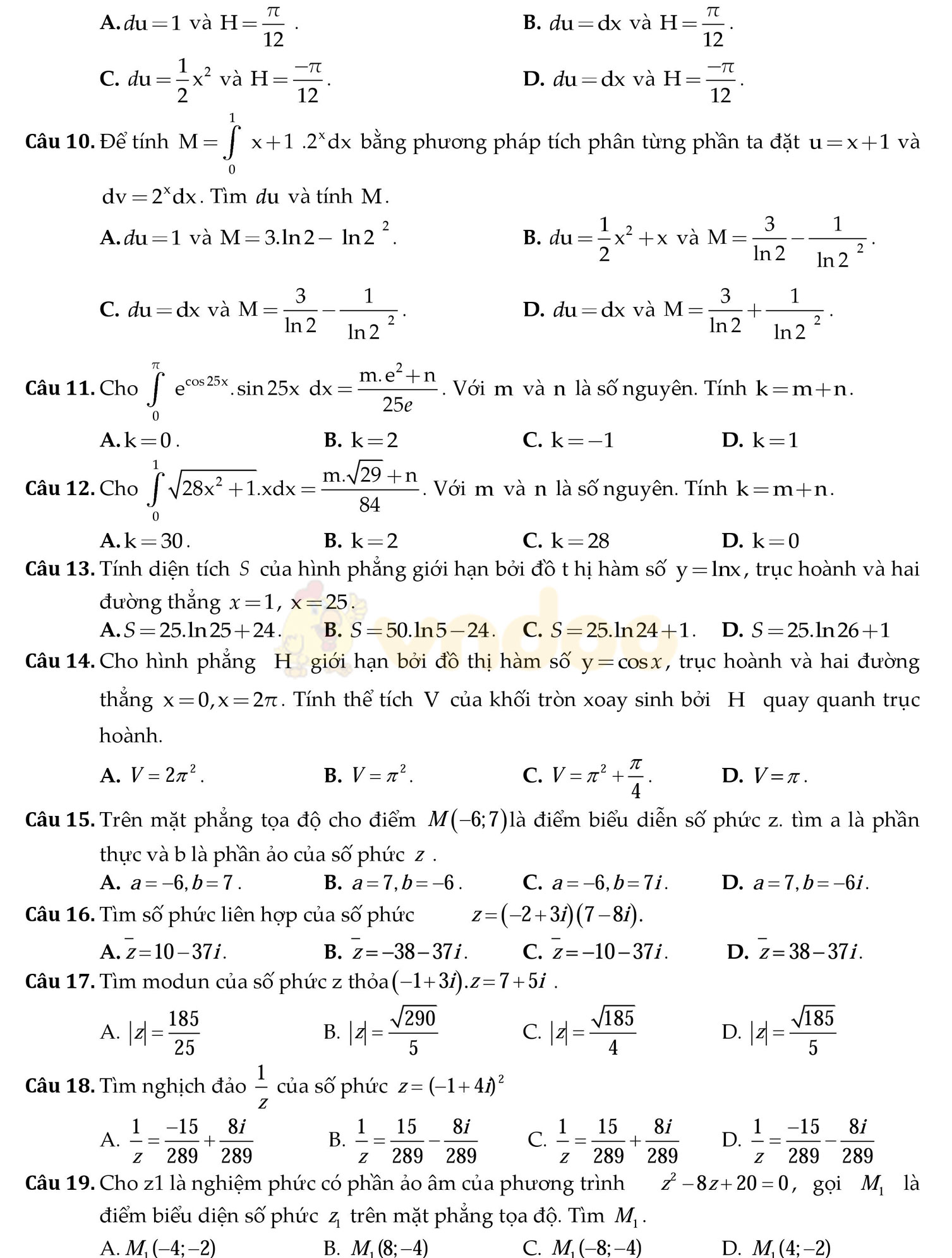 Đề thi học kì 2 môn Toán lớp 12