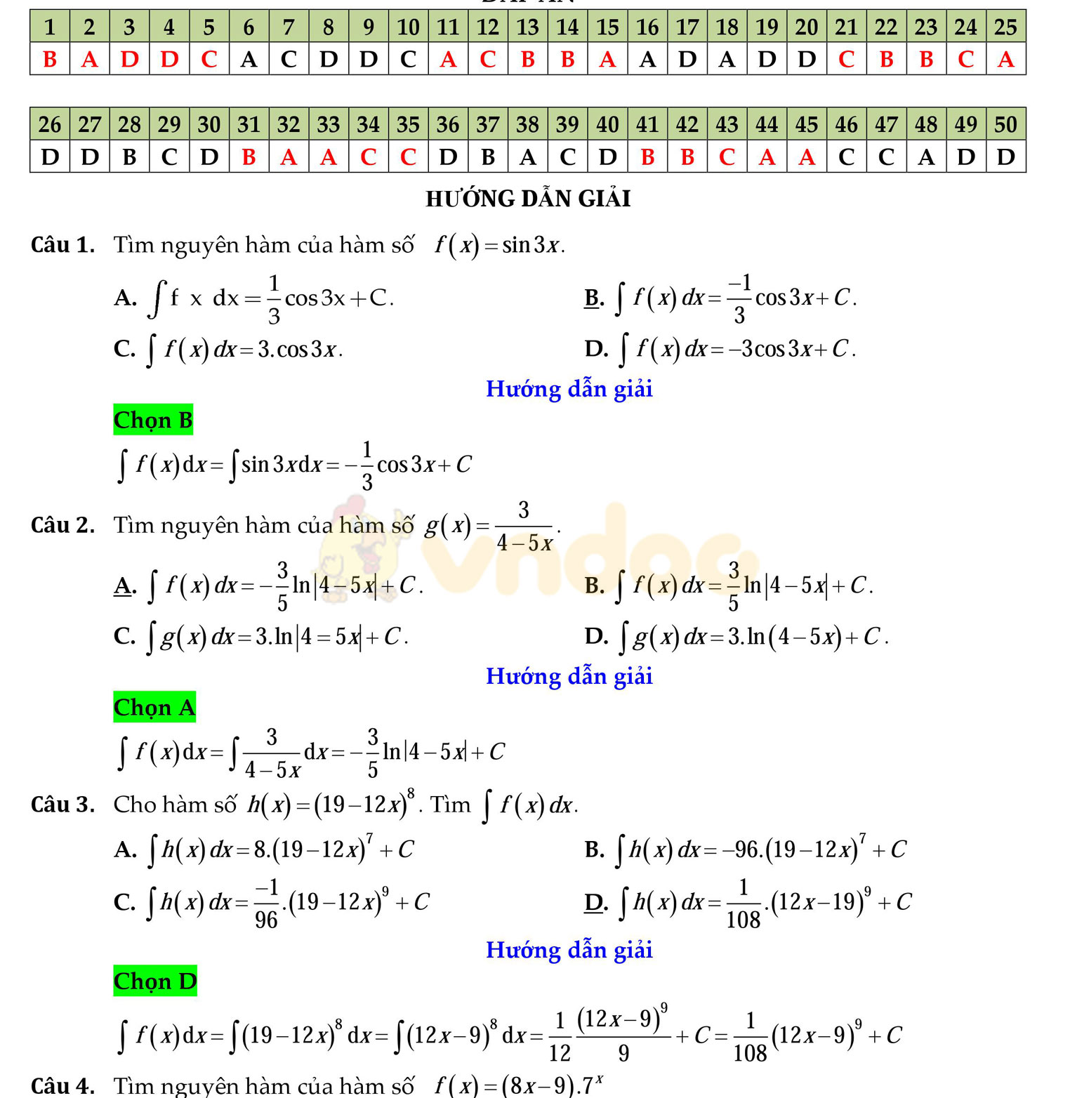 Đáp án đề thi học kì 2 môn Toán lớp 12