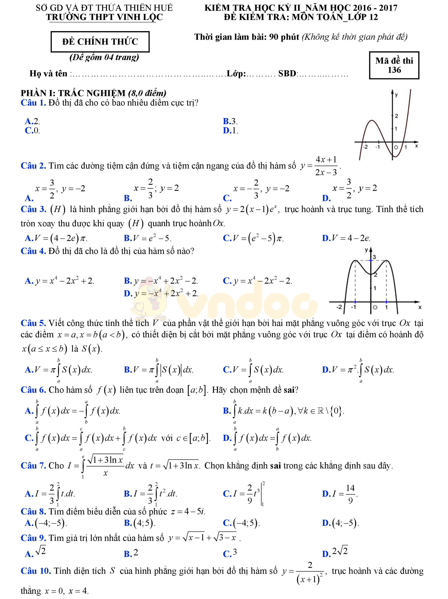 Đề thi học kì 2 môn Toán lớp 12 Đề thi học kì 2 môn Toán lớp 12